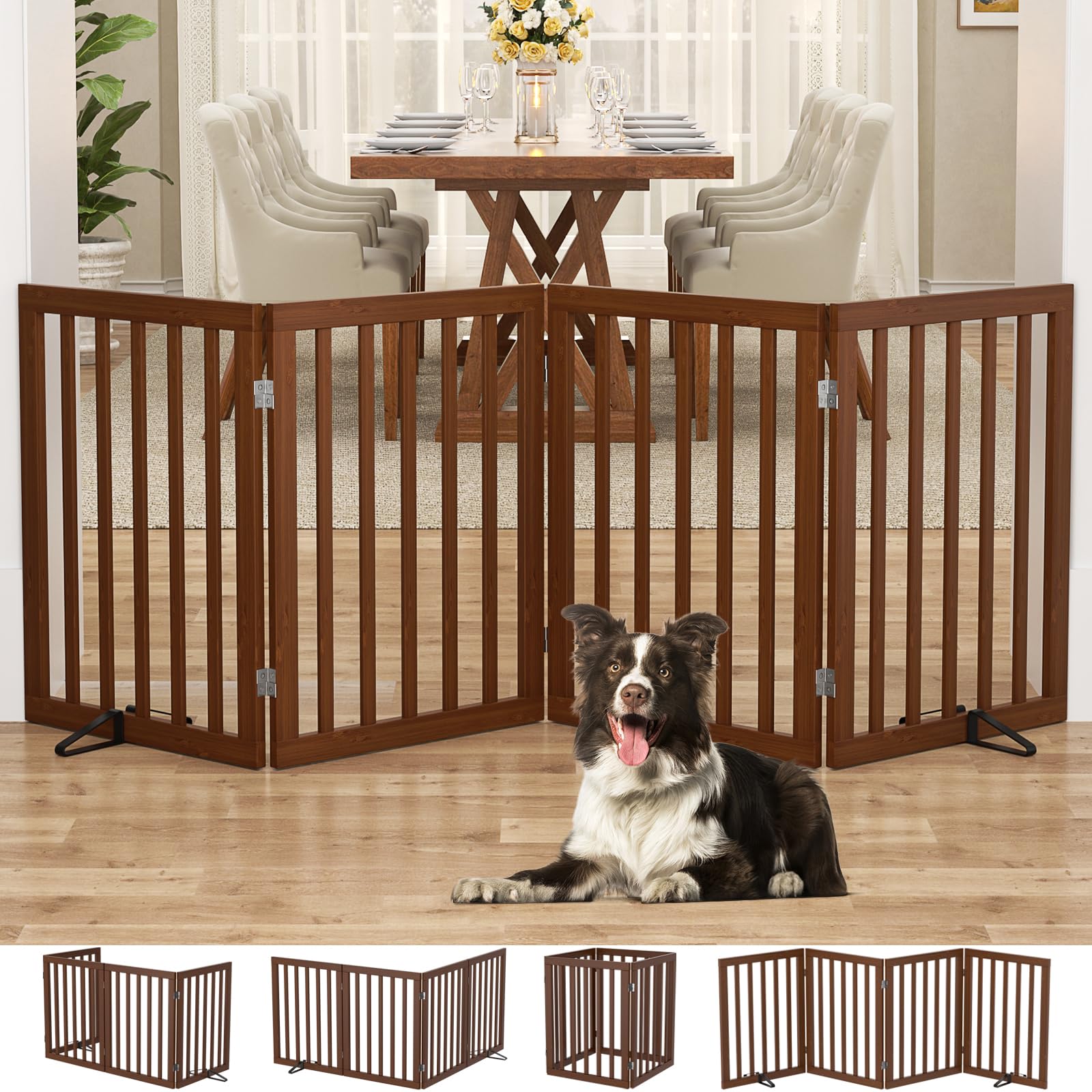 Homykic Bamboo Freestanding Dog Gate, No Assembly Pet Gate Indoor, 24”H x 75”W Extra Wide Foldable Puppy Barrier Fence with Support Feet for the House, Doorways Stairs, 4 Panels, No Drillings, Walnut
