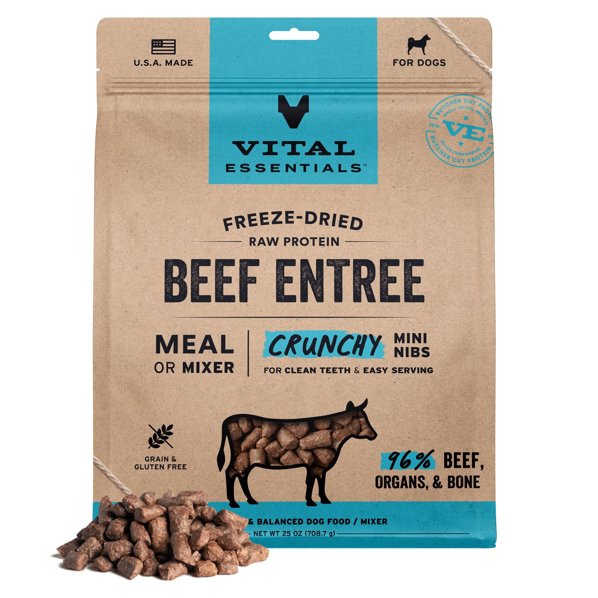 Vital Essentials Freeze Dried Dog Food, Raw Beef Crunchy Mini Nibs | Complete Meal or Topper | 96% Beef, Organs & Bone | Limited Ingredient, High Protein, Grain Free Dry Dog Food | 25 oz Bag