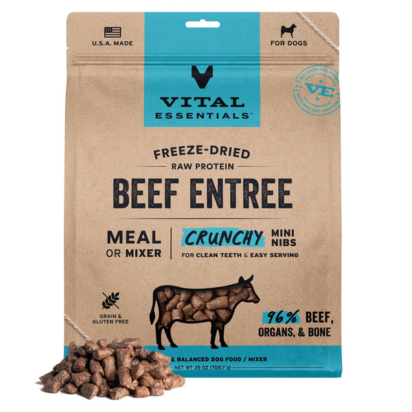 Vital Essentials Freeze Dried Dog Food, Raw Beef Crunchy Mini Nibs | Complete Meal or Topper | 96% Beef, Organs & Bone | Limited Ingredient, High Protein, Grain Free Dry Dog Food | 25 oz Bag