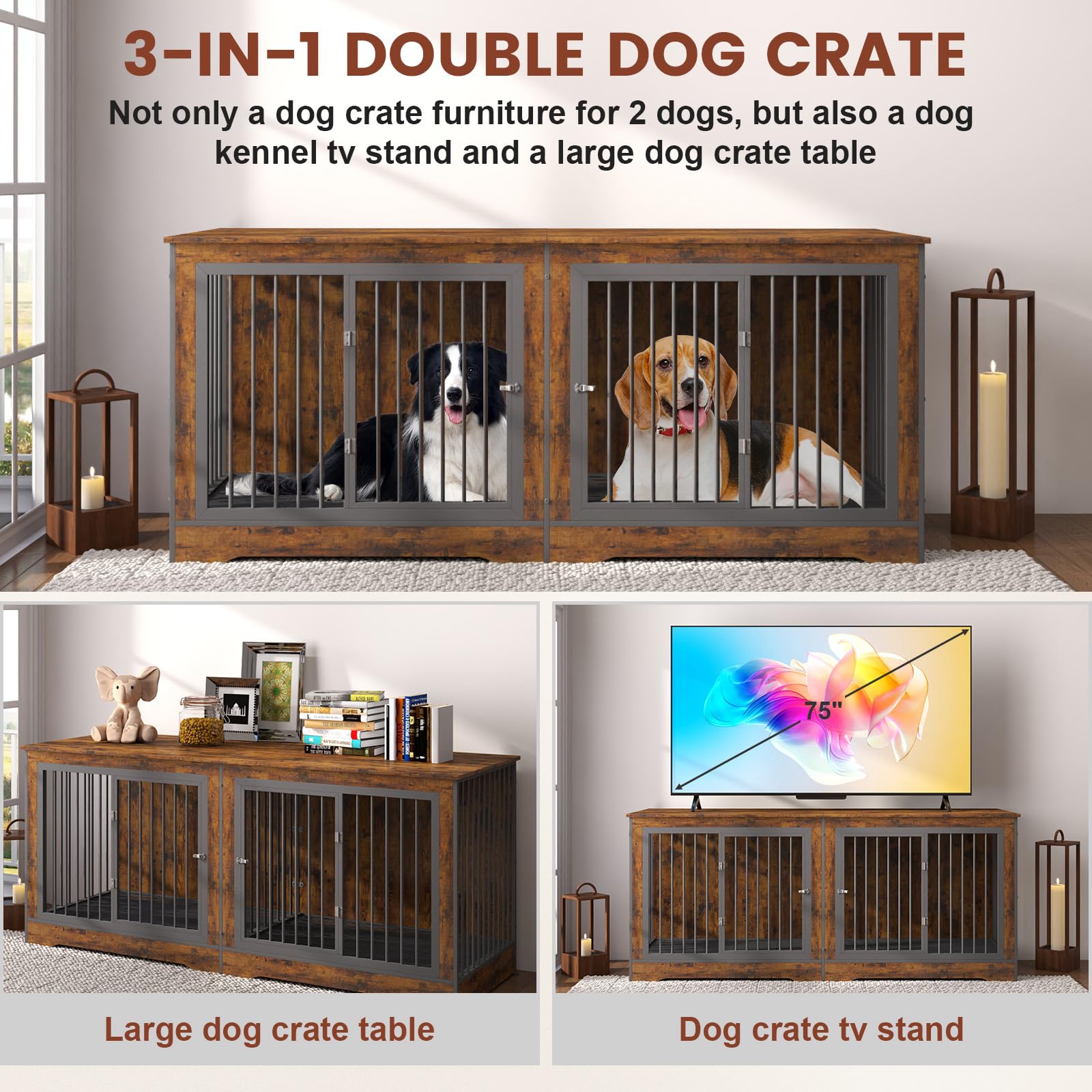 Yafylly 3-in-1 Double Dog Crate Furniture, 66.1 Inch White Furniture Kennel for Large Dogs with Divider, Dog Kennel Dog Crates TV Stand with 2 Drawers and Sliding Doors