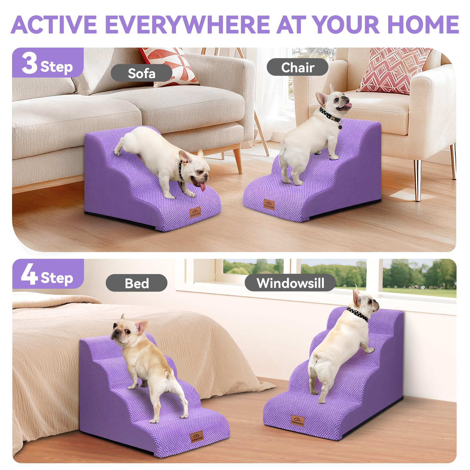 Zerbuger Dog Ramp and Stair for Bed 16" H-20 H,3-Step Cat Stair for Sofa and Chair,4-Step Dog Ramp for High Bed and Window,Durable Nonslip Fabric Stair for Indoor (Purple-16 H, Pet Friendly, 3)