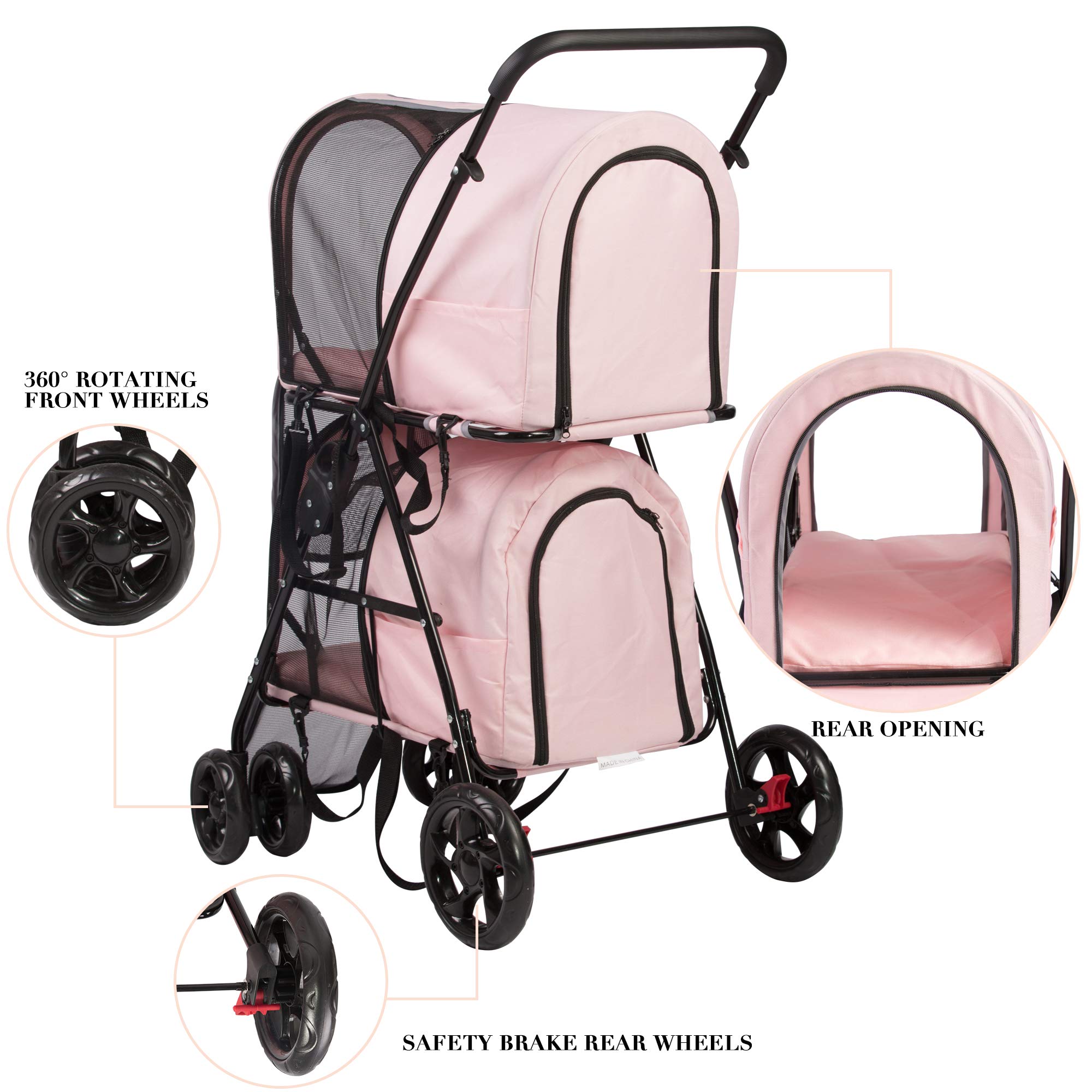 LONABR Folding Dog Stroller 3-in-1 Double Pet Stroller Detachable Carrier Bags - Large 4 Wheels Jogger - for Pet Cat Kitten Puppy Carriages(Pink - 2 cage)