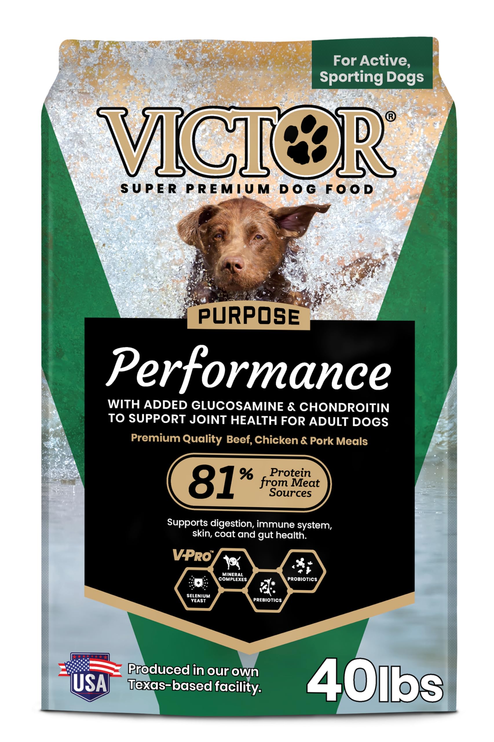 VICTOR Super Premium Dog Food – Performance Dry Dog Food from Beef, Chicken and Pork Meal – 26% Protein for Active Adult Dogs – Includes Glucosamine and Chondroitin for Hip and Joint Health, 40lbs
