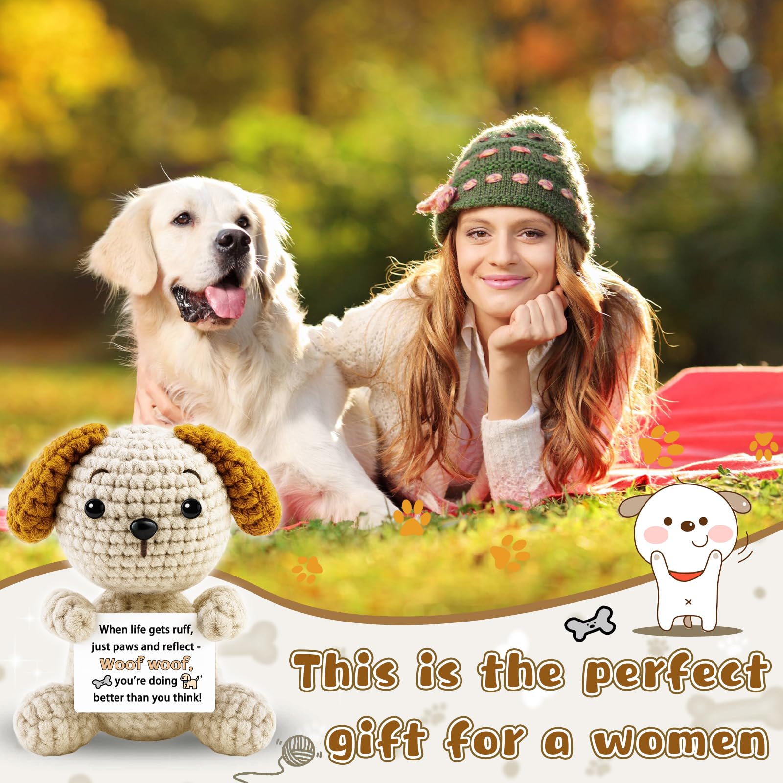 hixkvpen ﻿Dog Dad Gifts for Men from Daughter Son, Emotional Support Crochet Dog with Inspirational Card, Golden Retriever Stuffed Animal for Dog Lovers Women, Handmade