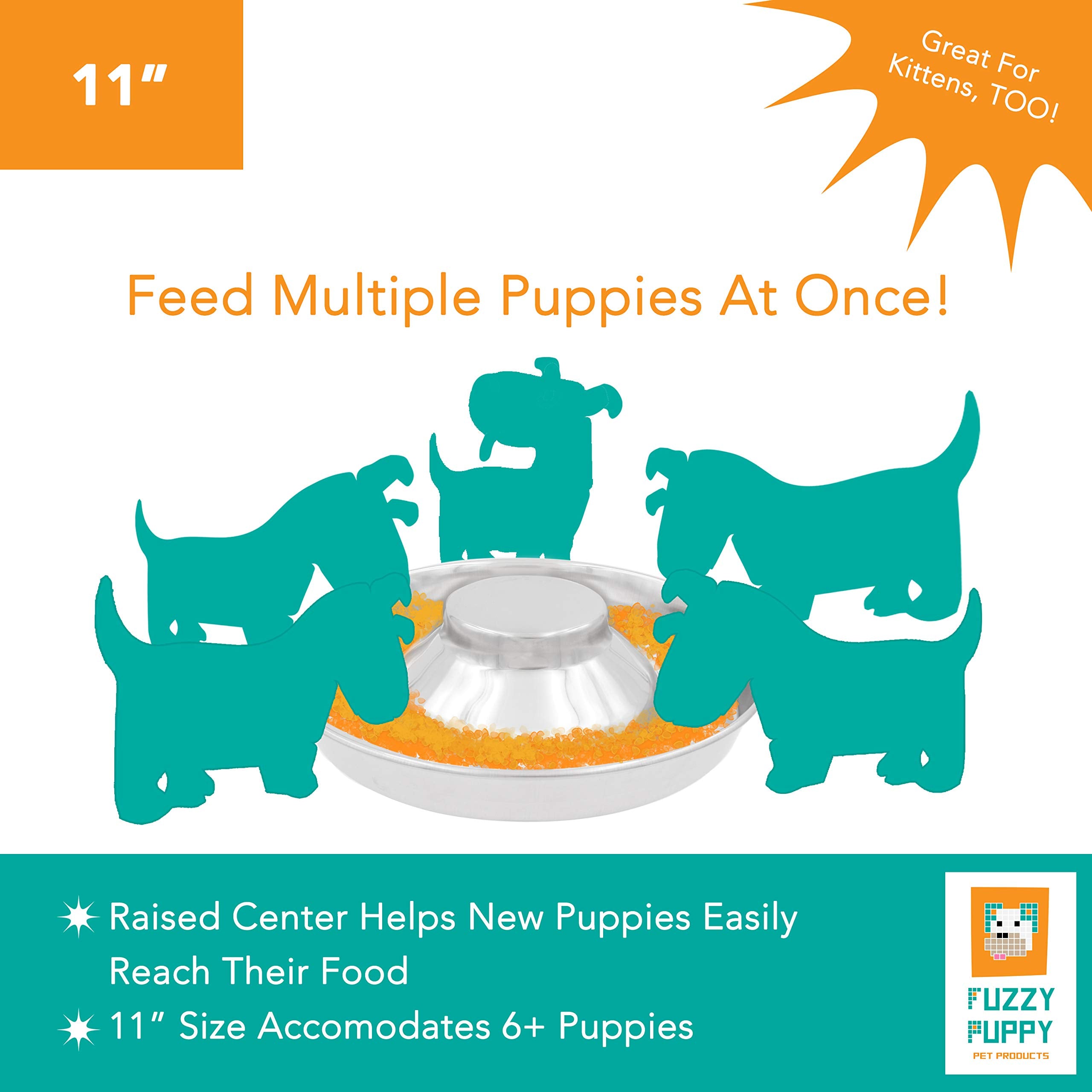 Fuzzy Puppy Feeding Bowls for Litters of Puppies: Welping Dishes for Weaning Puppies & Kittens, Wide Non-Tip Base Puppy Feeder, Also a Great Adult Dog Bowl Slow Feeder | Stainless Steel, 11" (PS-11)
