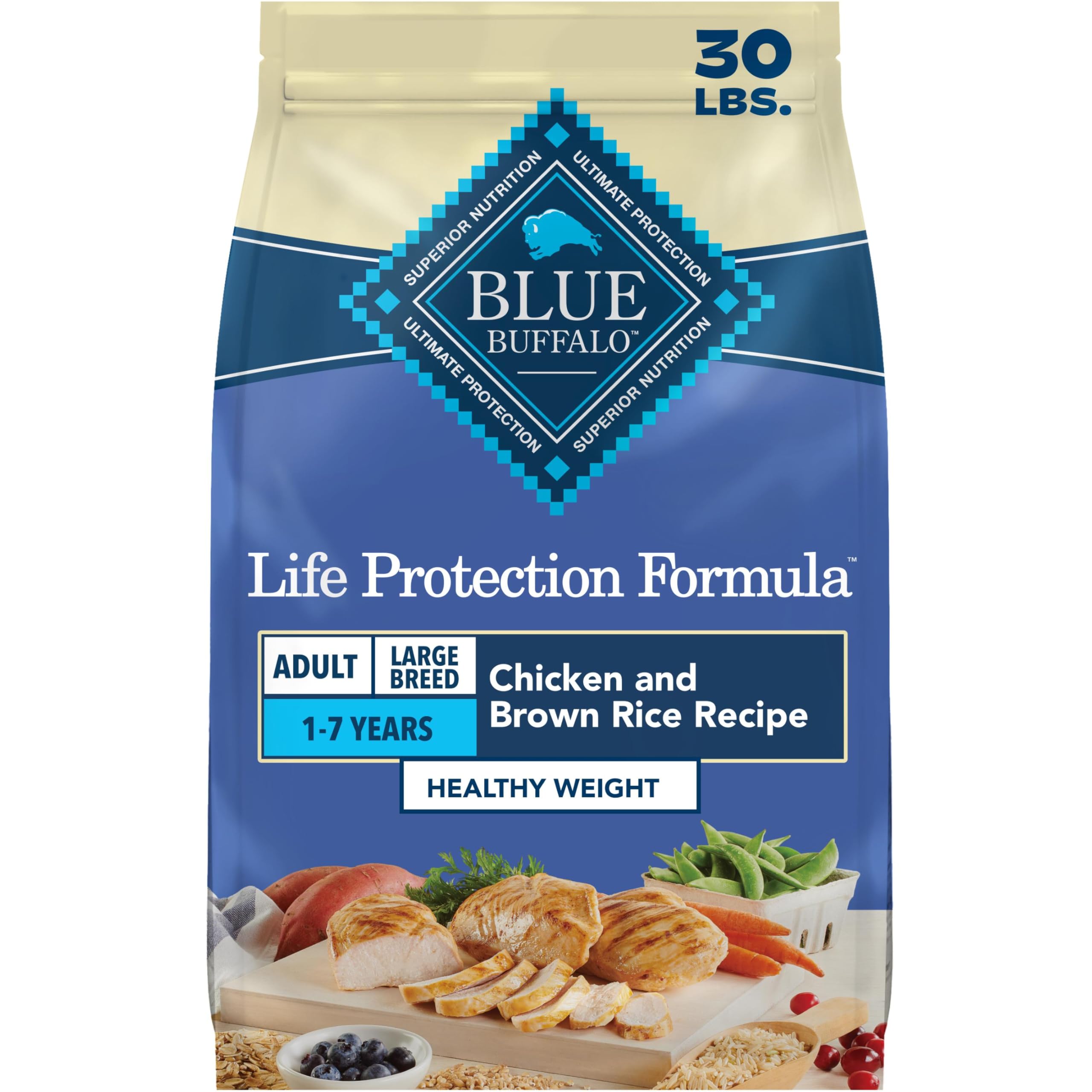 Blue Buffalo Life Protection Formula Chicken & Brown Rice Healthy Weight Large Breed Adult Dry Dog Food, Supports Immunity With LifeSource Bits, Promotes Healthy Lean Muscles & Weight Control, 30 lbs.