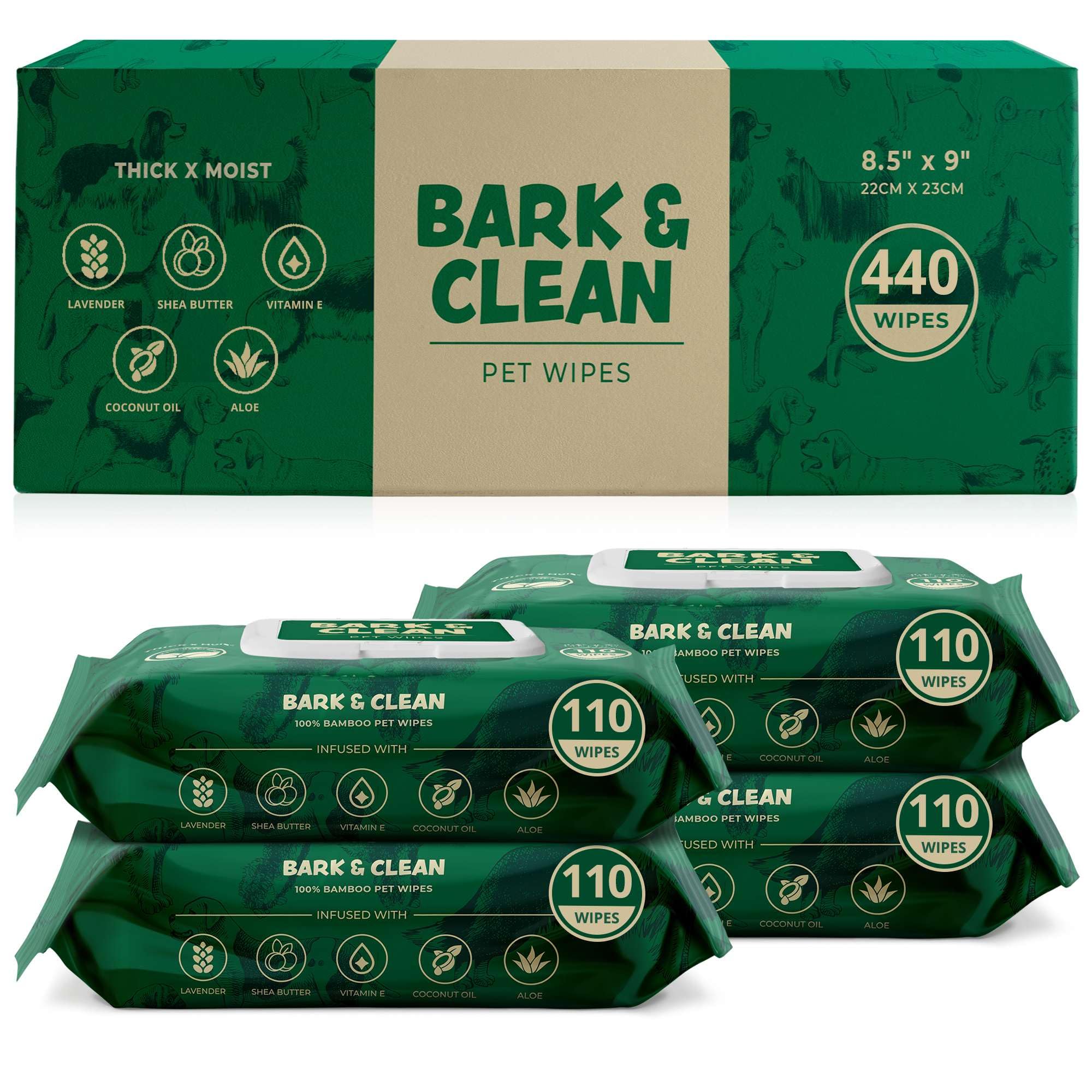 Bark & Clean 440 Dog Wipes for Cleaning and Deodorizing - 4 Pack of 110 8.5" x 9" Bamboo Pet Wipes - Compostable, Hypoallergenic Puppy Wipes - Dog Wipes for Paws, Butt, and Body