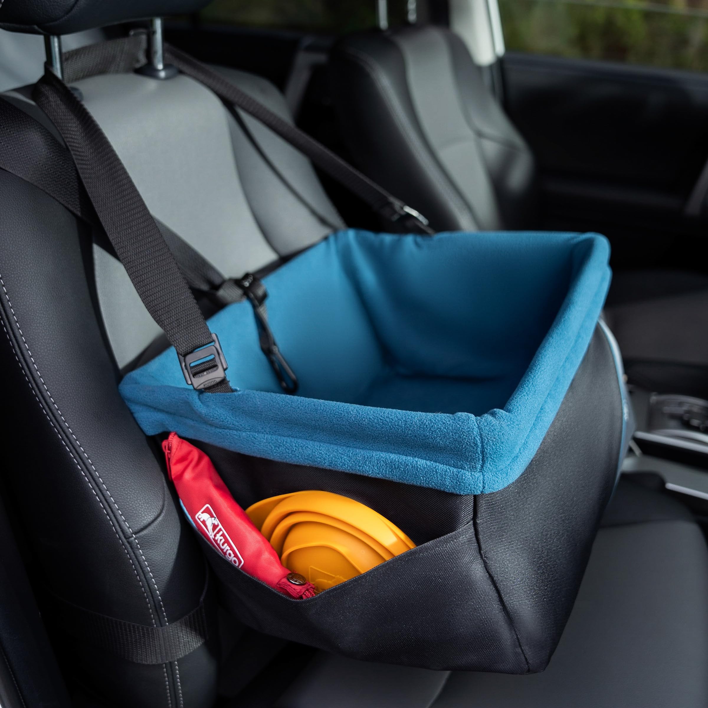 Kurgo Dog Booster Seat - Keeps Dogs Secure & Comfortable - Waterproof Exterior - Removable Washable Liner - Dog Car Seat with Harness Strap - Collapsible - Rover Style - Black/Blue