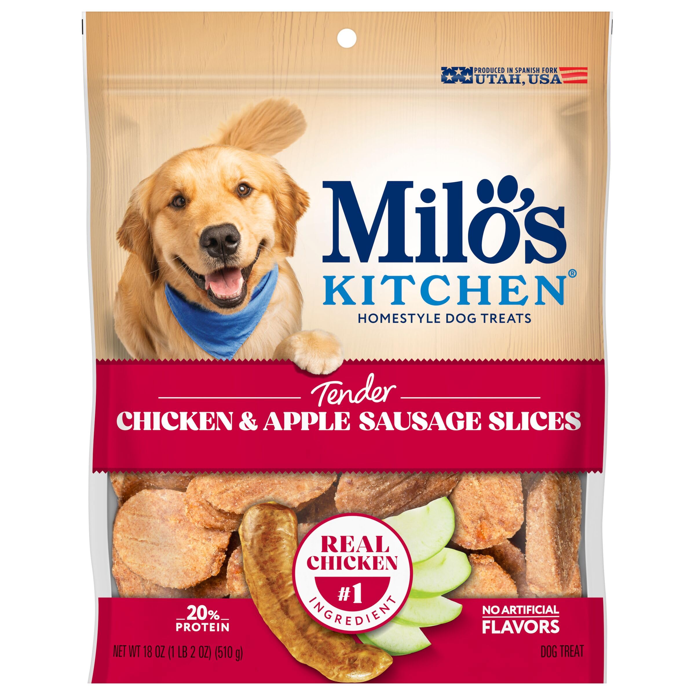 Milo’s Kitchen Chicken & Apple Sausage Slices Dog Treats, 18 Oz. Bag