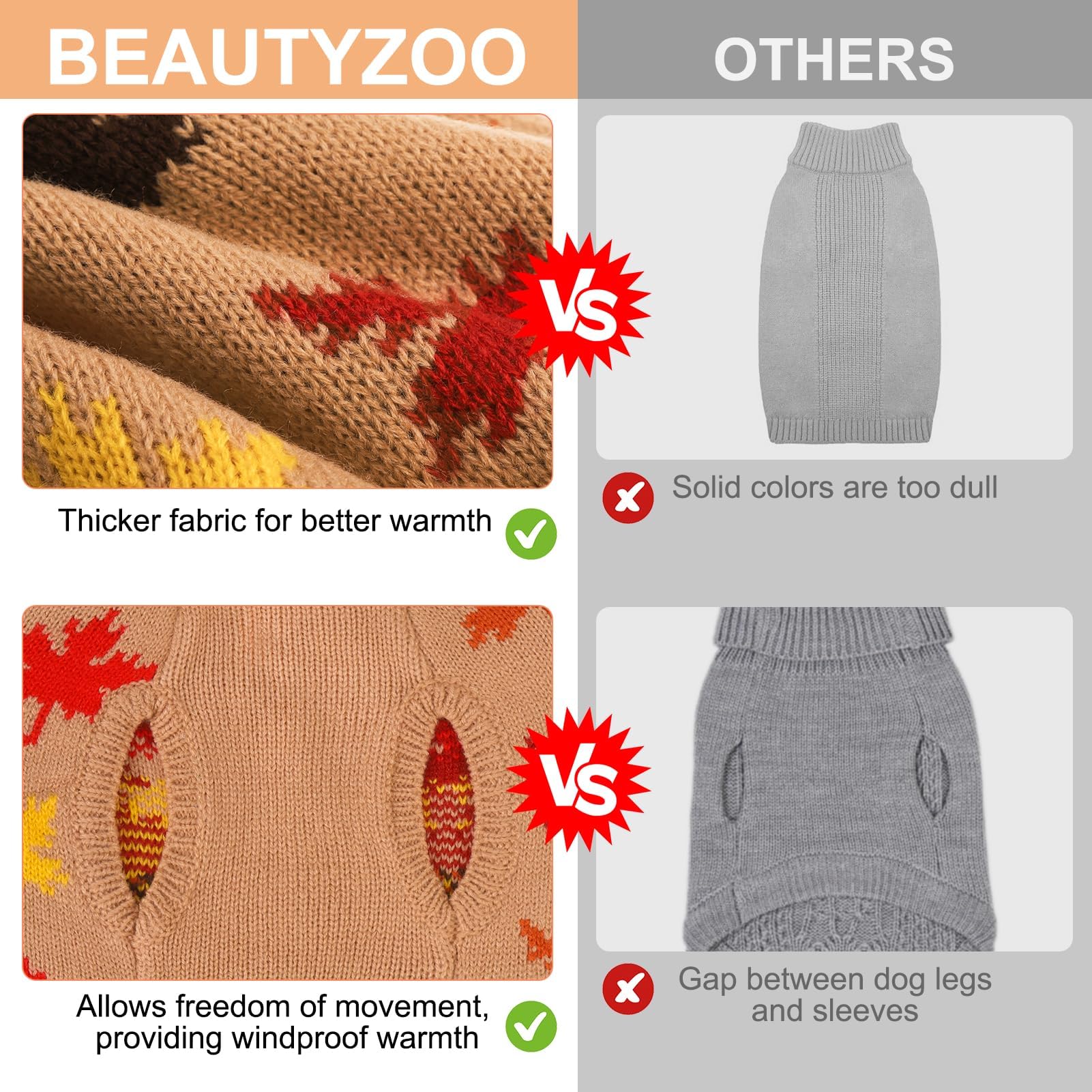 BEAUTYZOO Fall Sweater - Small Dog Sweaters for Dogs, Girls & Boys, Turtleneck Knitwear for Cold Weather, Maple Leaf Cable Knit Puppy Pullover, Pet Apparel (Khaki, S)