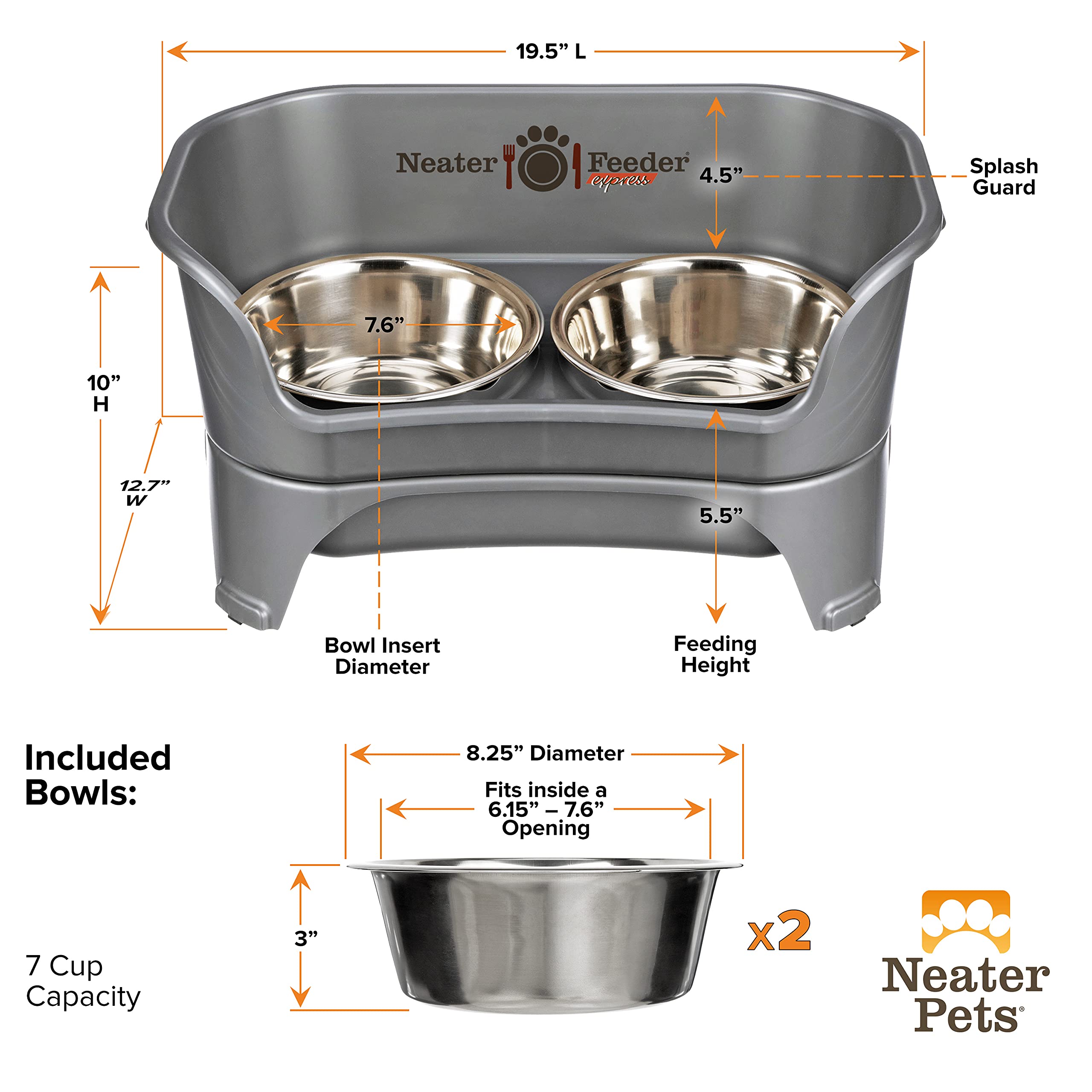 Neater Feeder Express Mess Proof Dog Bowls Elevated for Medium to Large Sized Breed, No Spill Raised Dog Food Bowl Stand, Stainless Steel Food and Water Bowl Set, Pet Dish Feeding Station, Grey