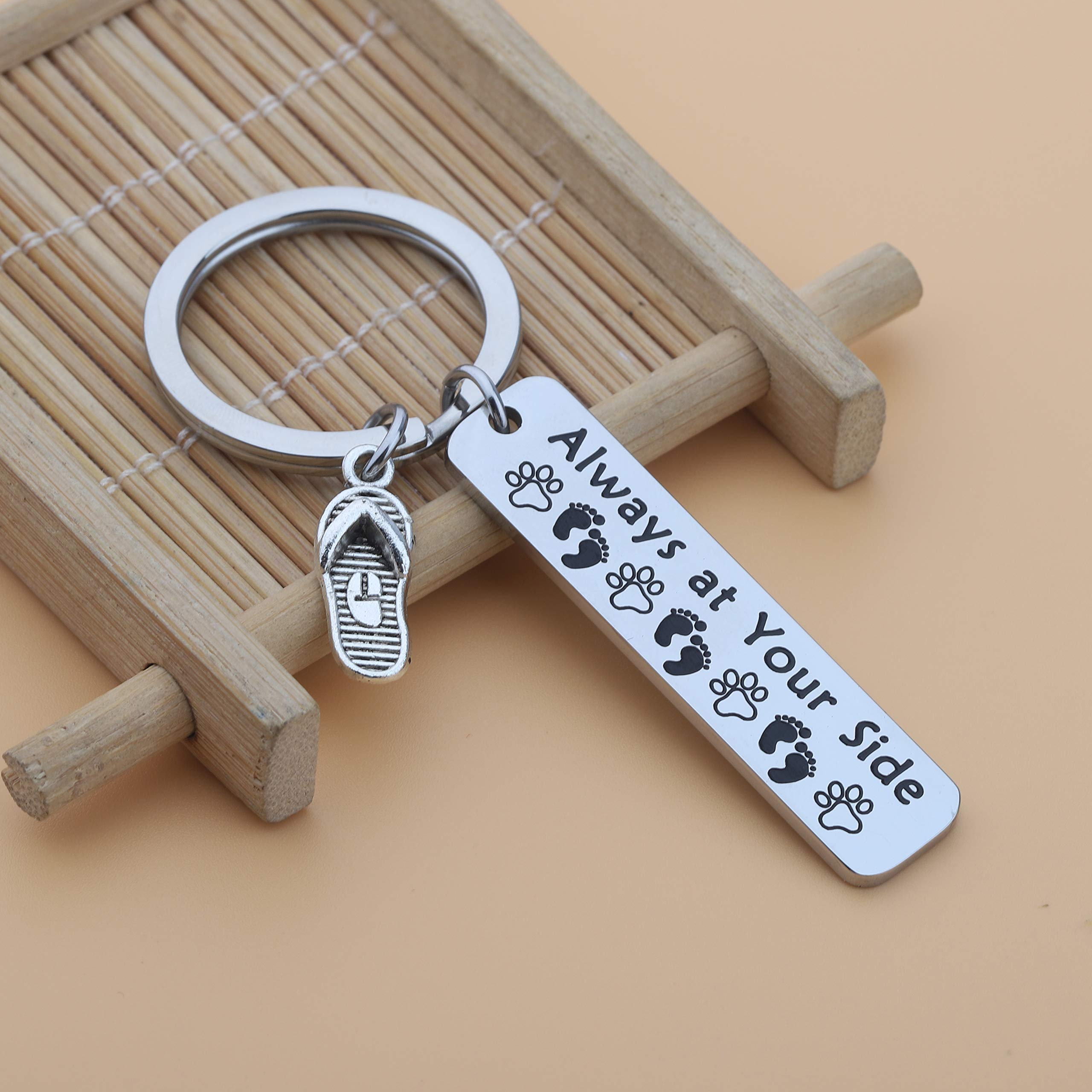 BEKECH Beach Lover Gift Dog Lover Gift Always at Your Side Paw Print Flip Flop Shoes Charm Keychain Sandy Feet Beach Jewelry Vacation Gift for Dog Lover(silver)