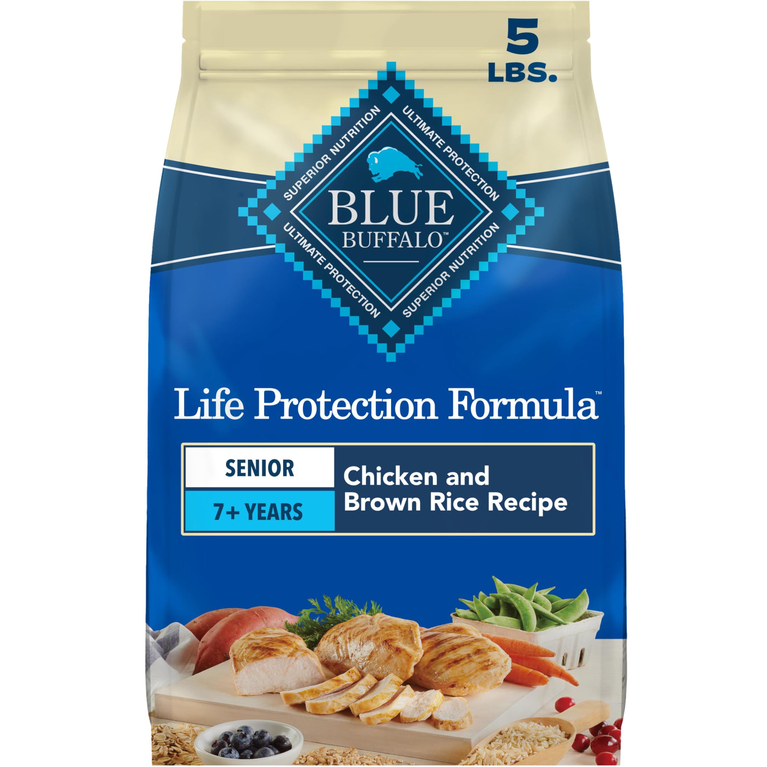 Blue Buffalo Life Protection Formula Chicken & Brown Rice Senior Dry Dog Food, Supports Immunity with Antioxidant-Rich LifeSource Bits, Promotes Healthy Muscle Development, Skin & Coat Health, 5 lbs.