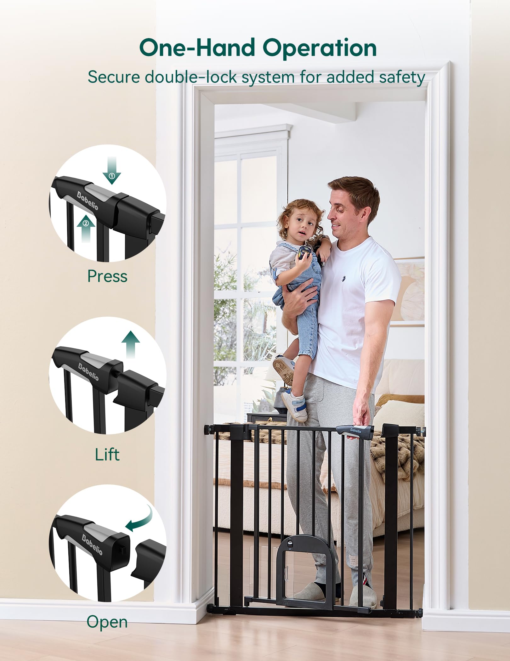 Babelio Upgraded Baby Gate with Cat Door, 29-43" Auto Close Durable Dog Gate for Stairs, Doorways and House, Easy Walk Thru Safety Gate with Pet Door Includes 4 Wall Cups, Black