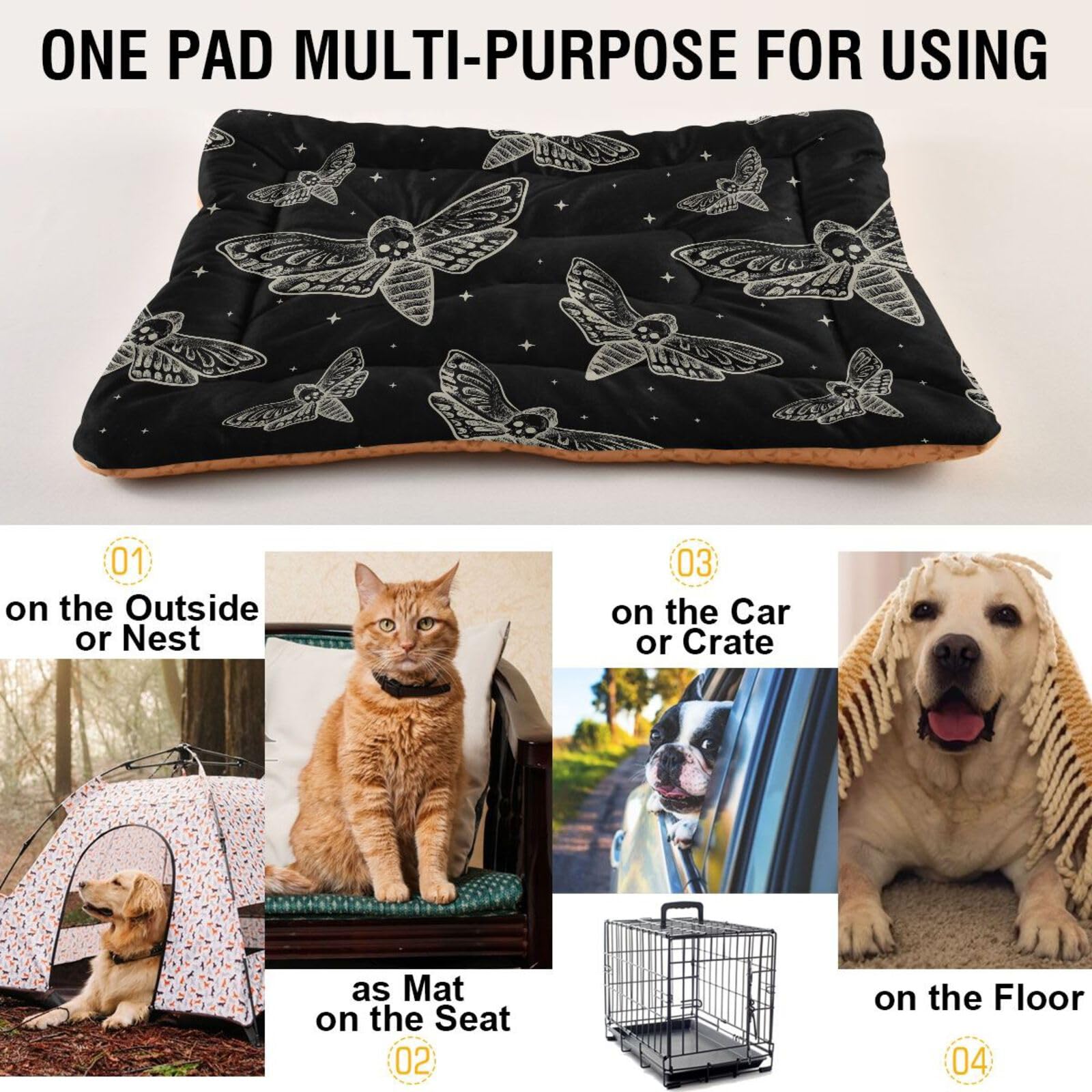 Sletend Pet Bed Gothic Skull Butterfly Moth Dog Bed Mat Absorbing Non Slip Pad Pet Sleeping Mat for Small, Medium, and Large Dogs Puppy Cat 36 in x 24 in