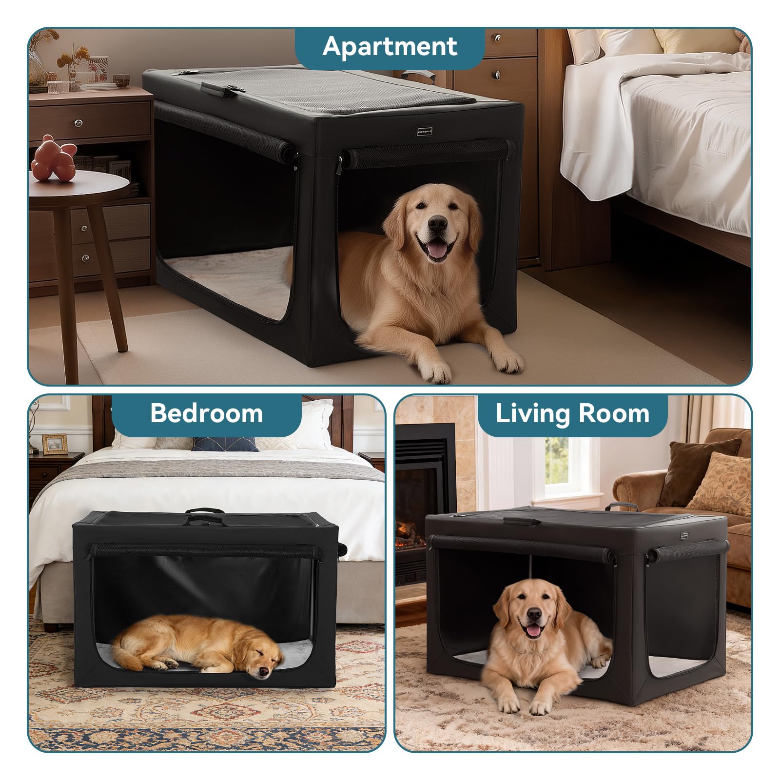 PETSFIT Portable Dog Crate for Small Dogs, – 24" Soft Dog Travel Crates with Lockable Zippers & Thicken Mat, Adjustable Patented Spiral Steel Frame, Collapsible Kennel for Indoor & Outdoor