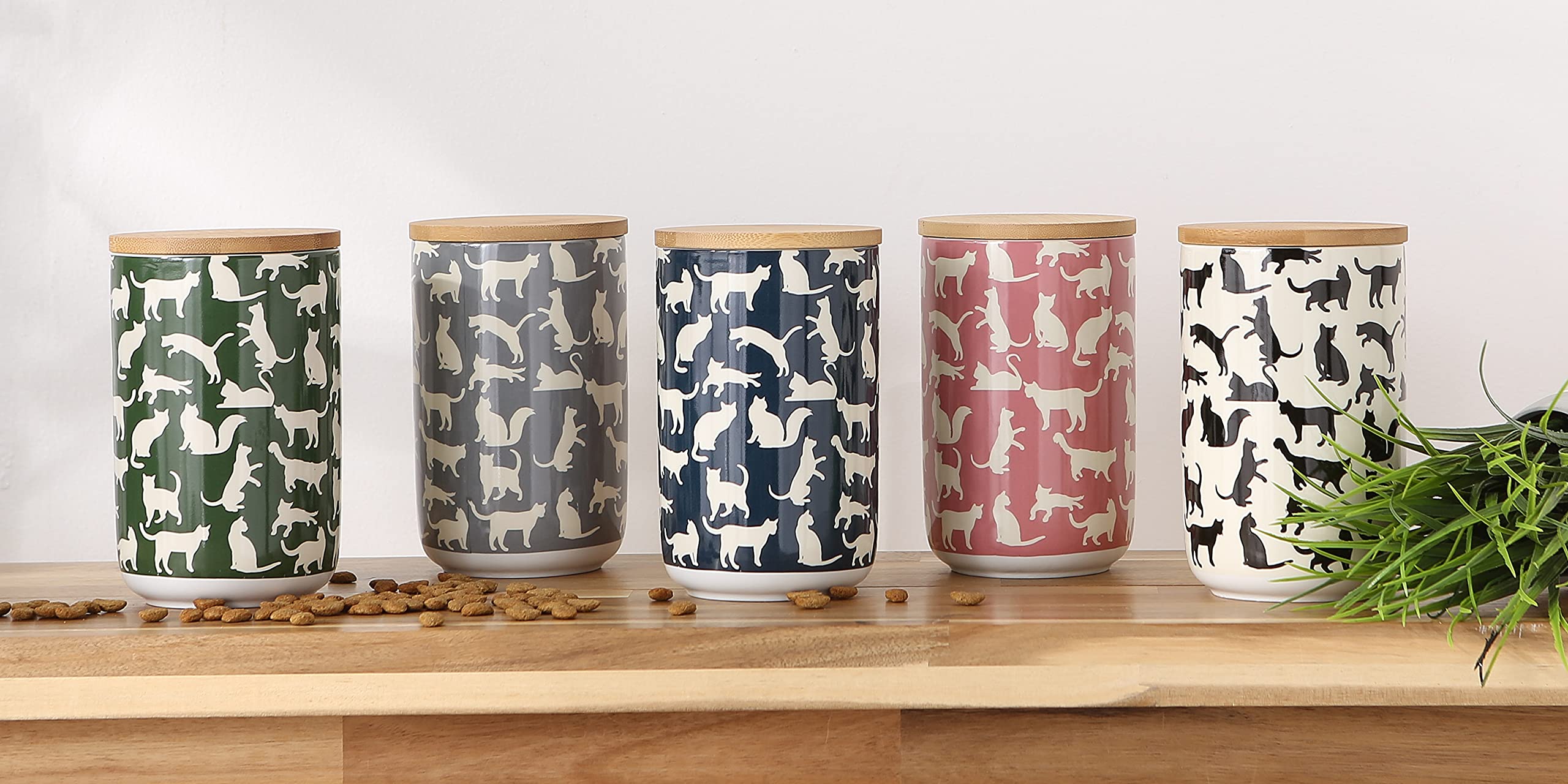 Bone Dry Ceramic Treat Jar for Cats and Dogs, Bamboo Lid, Dishwasher Safe Canister, 4x6.5", Black/White, Cat Treats