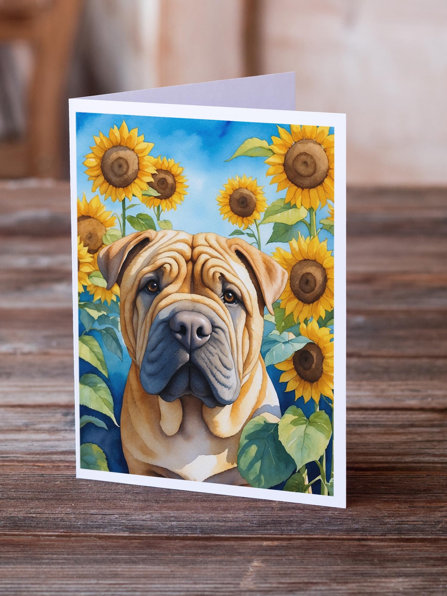 Caroline's Treasures Shar Pei in Sunflowers Greeting Cards Pack of 8 Blank Cards with Envelopes Whimsical A7 Size 5x7 Blank Note Cards