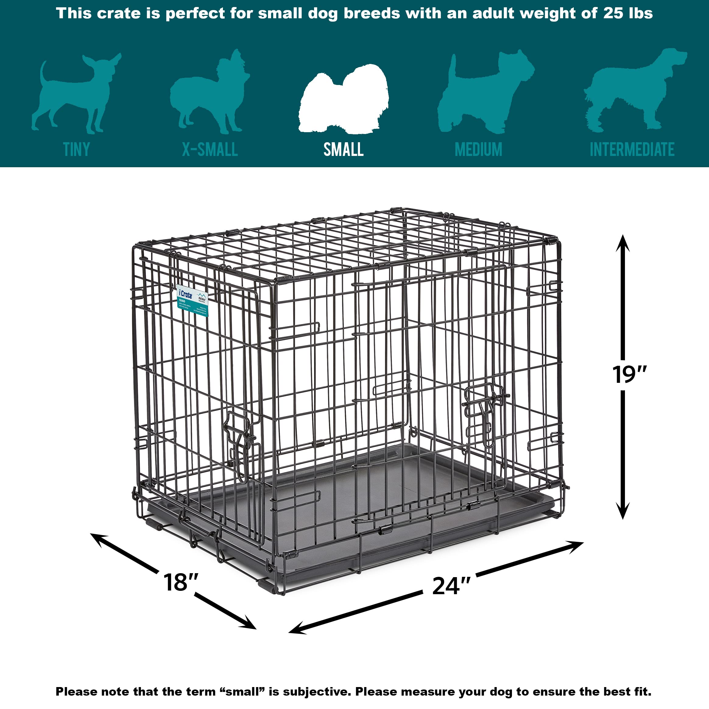 MidWest Homes for Pets 24-Inch iCrate for Small Breeds, 12-20 lbs, Single Door Folding Dog Crate with Divider Panel, Leak-Proof Tray & Secure Latch, Portable, Durable & Easy to Assemble