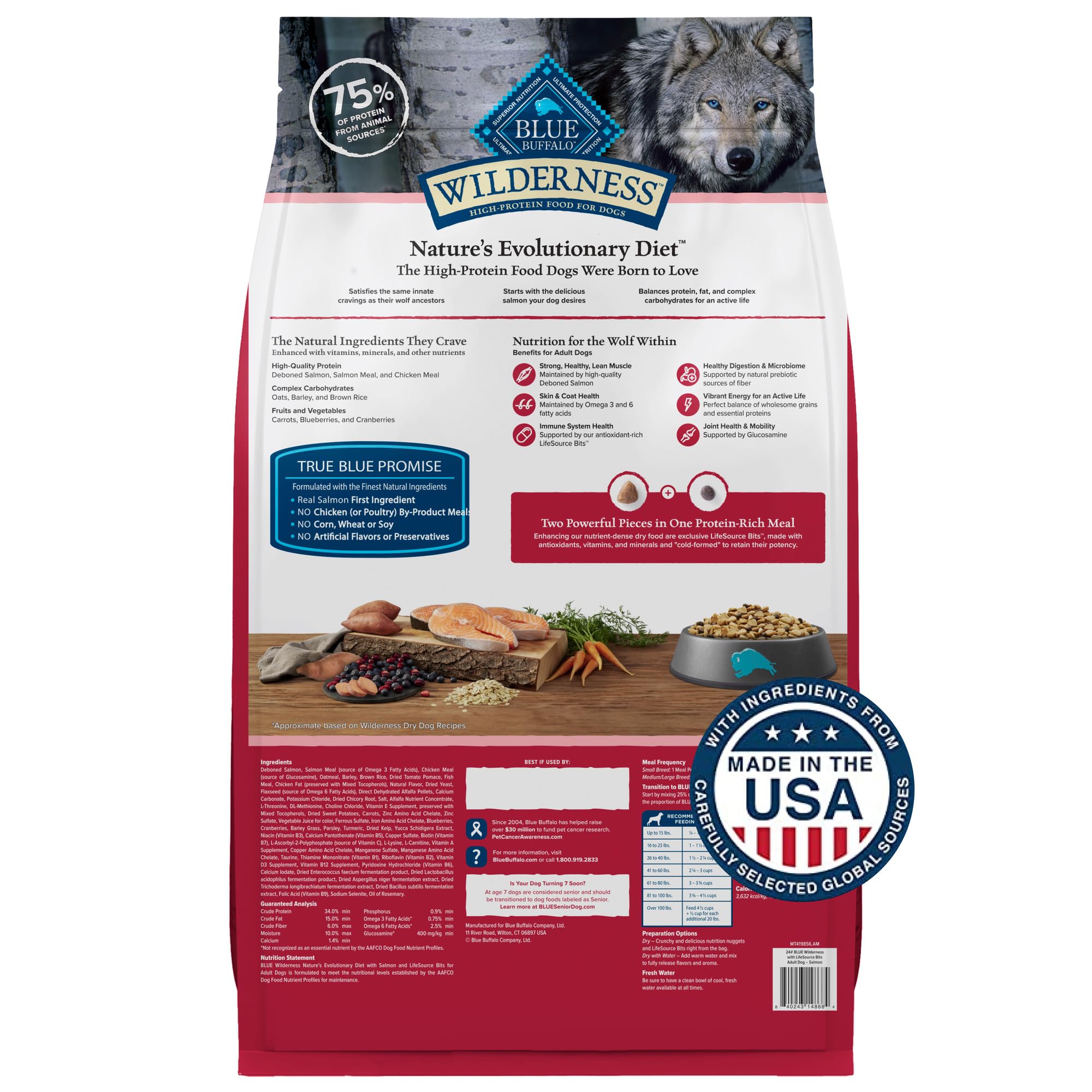 Blue Buffalo Wilderness Natural High-Protein Dry Food for Adult Dogs, with Wholesome Grains, Salmon, 24-lb. Bag