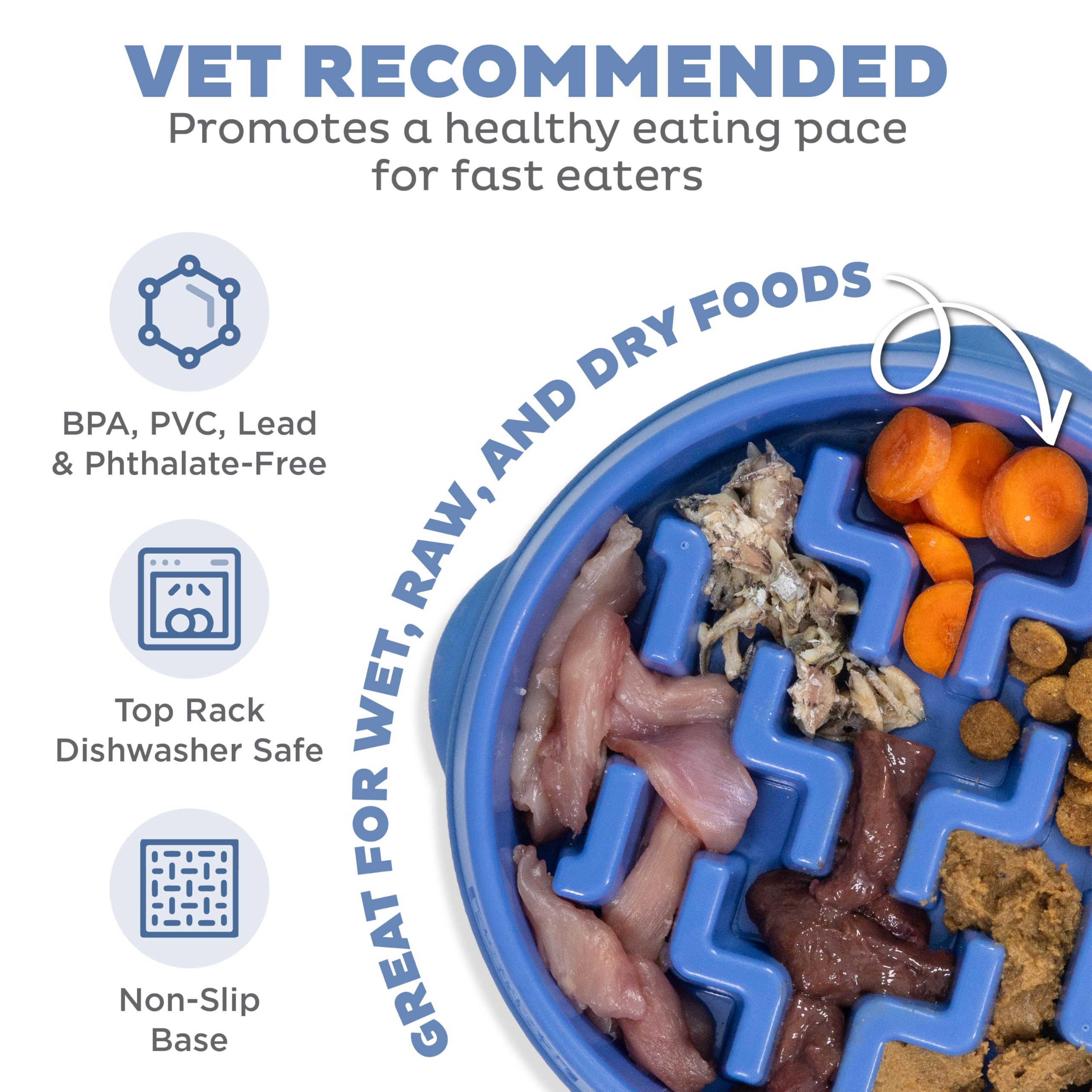 Outward Hound Fun Feeder Slo Bowl – Medium 2‑Cup Capacity, Slow Feeding, Small to Medium Dogs & Cats, Non-Slip, Blue, Notch Pattern