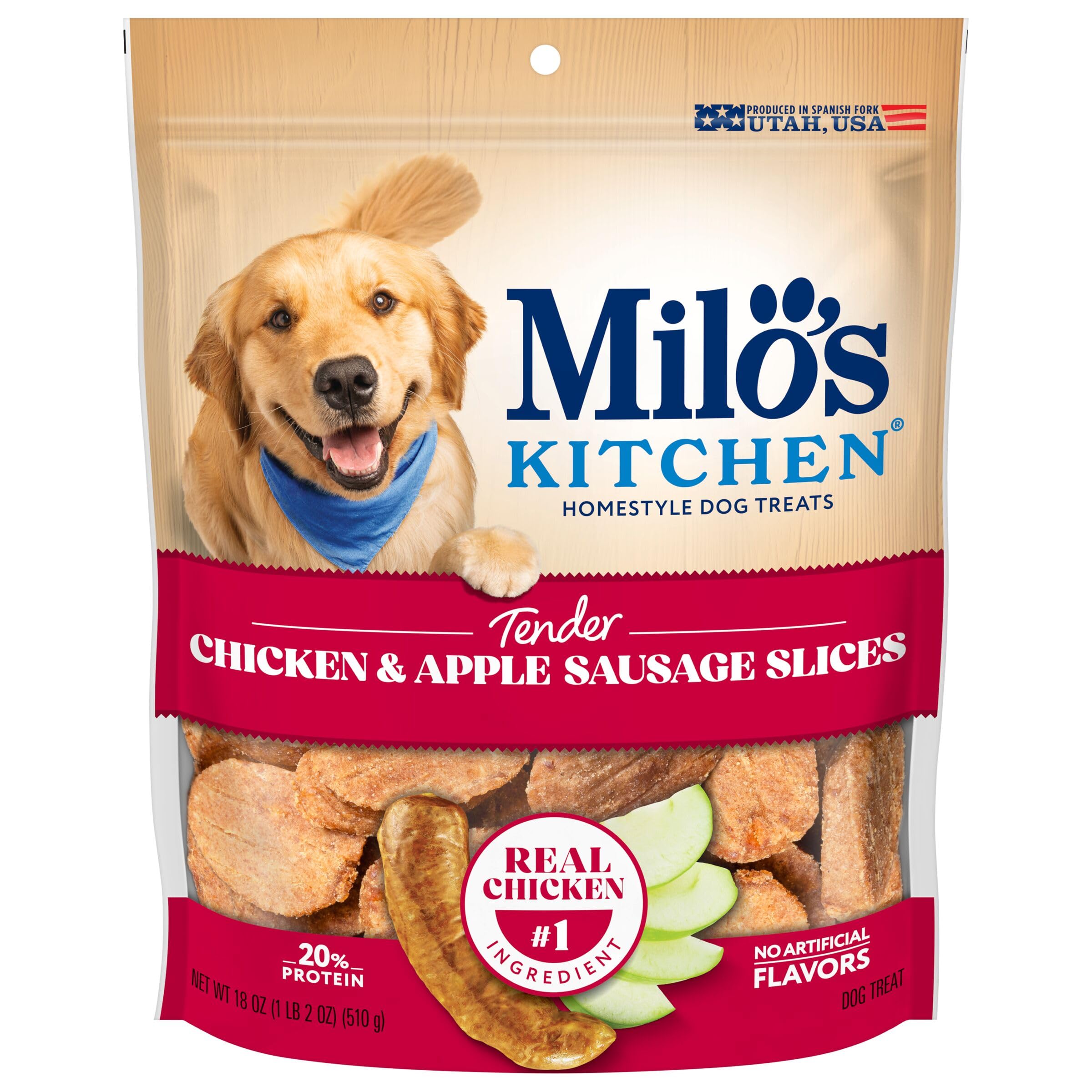 Milo’s Kitchen Chicken & Apple Sausage Slices Dog Treats, 18 Oz. Bag