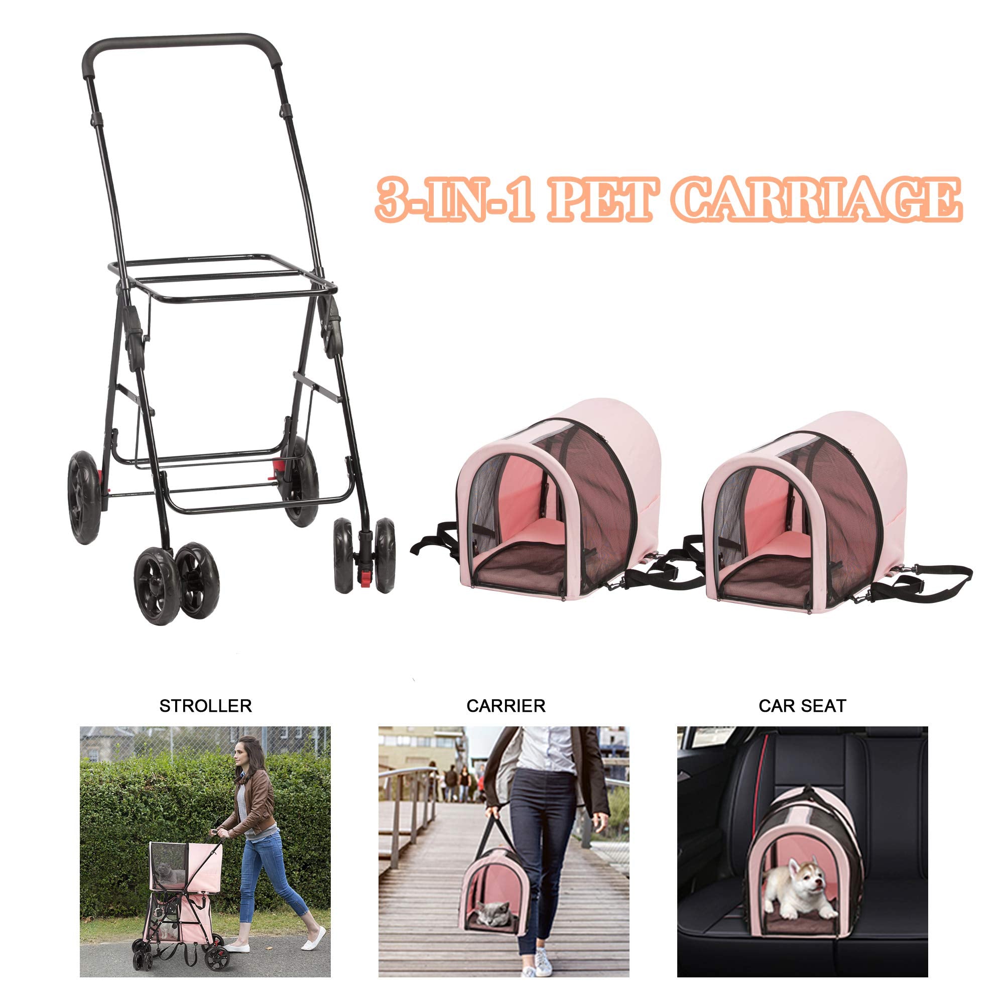 LONABR Folding Dog Stroller 3-in-1 Double Pet Stroller Detachable Carrier Bags - Large 4 Wheels Jogger - for Pet Cat Kitten Puppy Carriages(Pink - 2 cage)