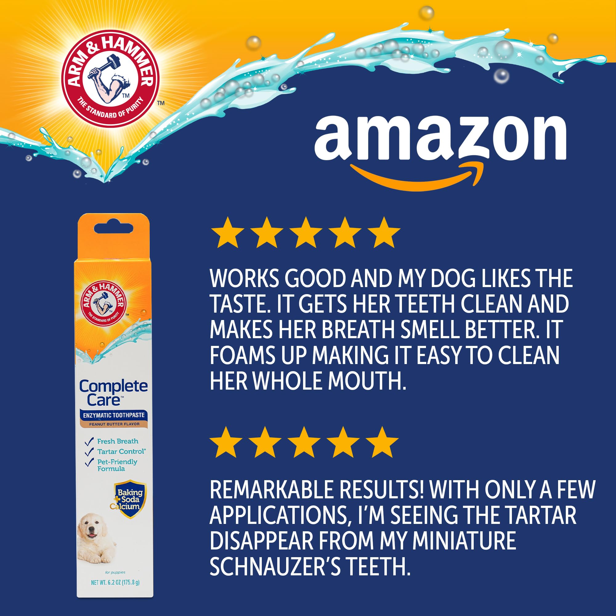 Arm & Hammer Complete Care Enzymatic Dog Toothpaste, Peanut Butter Flavor, Baking Soda and Calcium, Enzymatic Tartar Control Formula, Non-Toxic, Fluoride Free, 6.2 Oz
