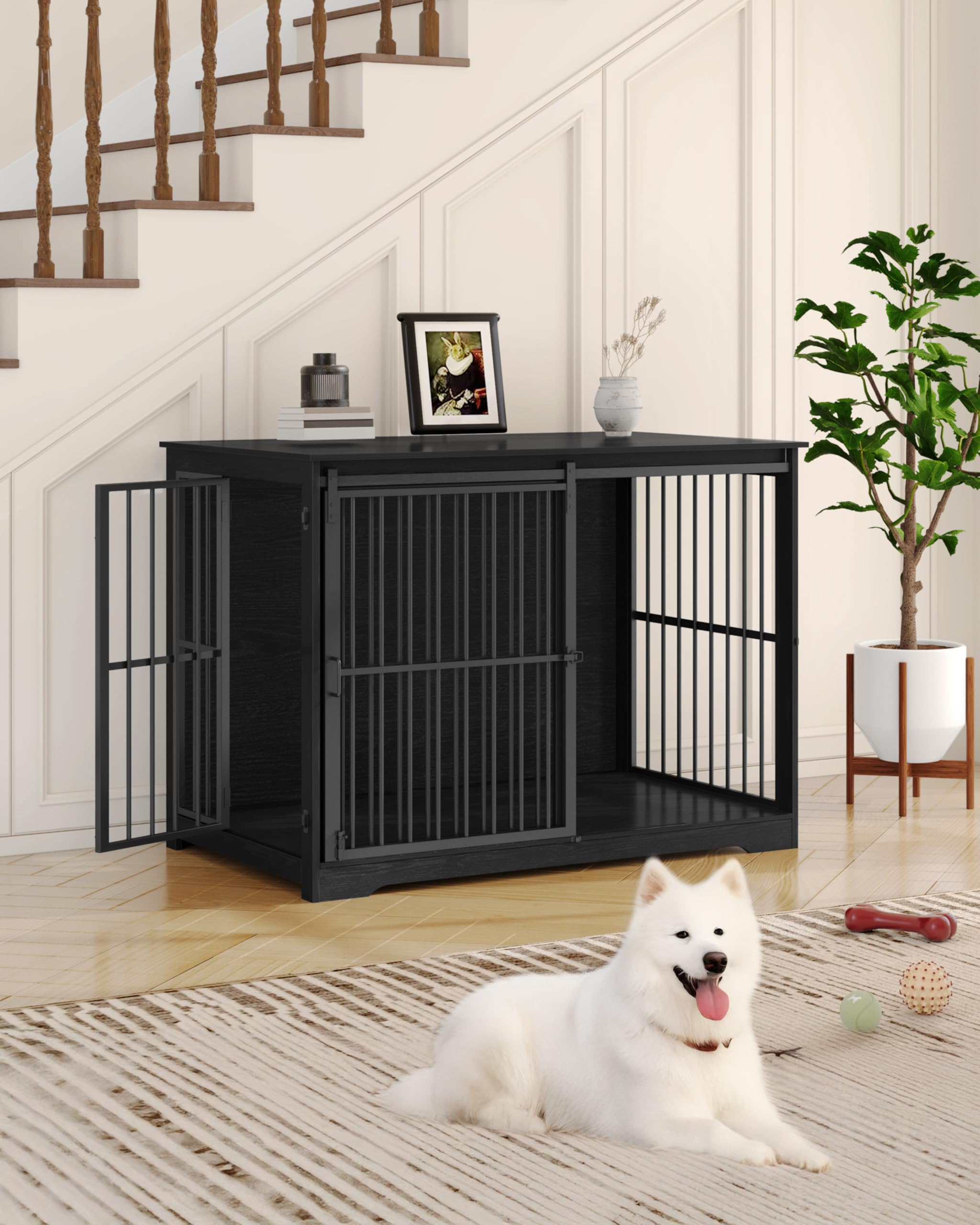 Hzuaneri XXL Large Dog Crate Furniture, 46.9" Indoor Dog Kennel Furniture with Barn Door, Wooden Tall Dog Crate, Heavy Duty Dog Cage for Large Dogs, Side End Table, Anti-Chew, Black DFC83804B