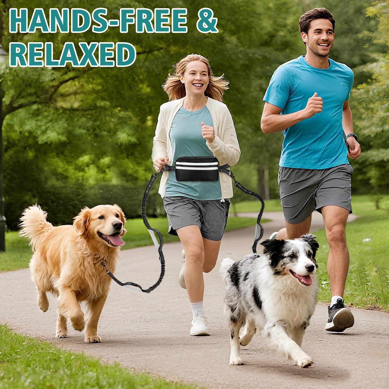 Godyoy Hands Free Dog Leash for 2 Dogs with Safety Lock and Extra-Thick Waist Belt, Waist Leash for Dog Walking Running, Double Retractable Dog Leashes for Two Dogs with Double Padded Handles, Black