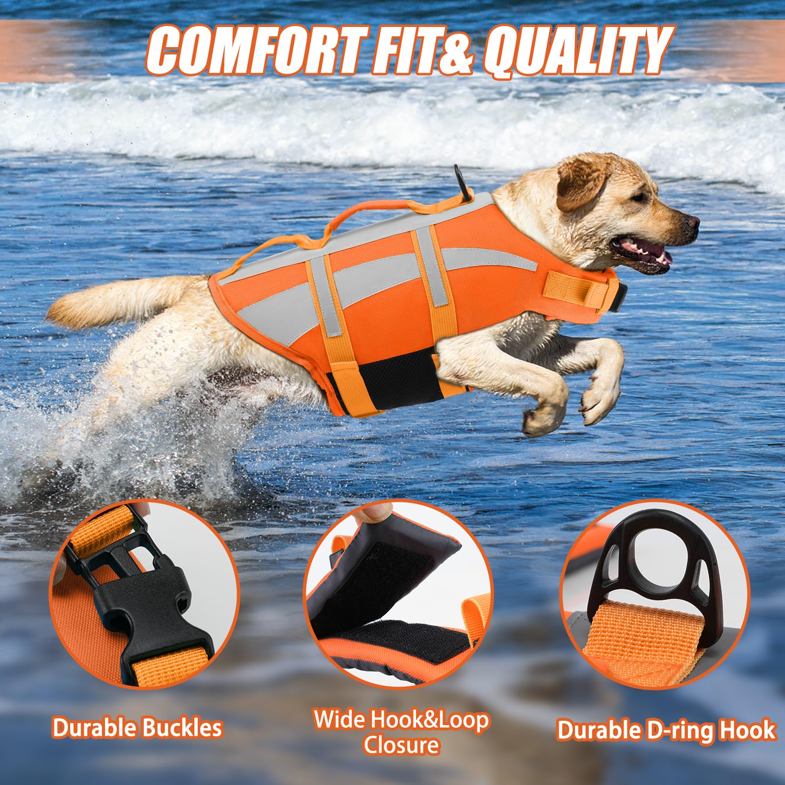 EMUST Life Vests for Dogs, Lightweight Small/Medium/Large Dog Life Preserver, XL Dog Life Jacket for Swimming/Boat/Water, Life Jacket for Large Dogs, NewOrange, XL
