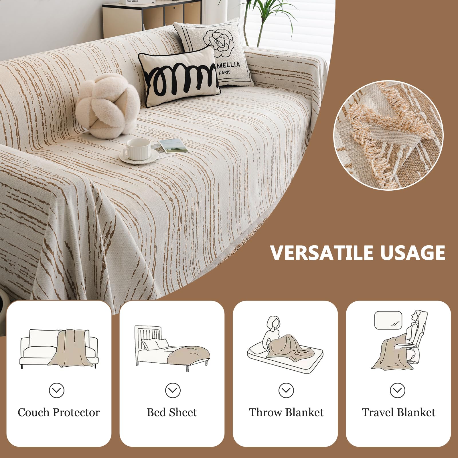 DREAMINGO Sofa Slipcover Washable Couch Cover for Dogs Striped Jacquard Chenille Modern Pet Dog Furniture Protector Covers for 3 Seater Sofa Sectional L Shape Couch, Beige Coffee, 71"x150"