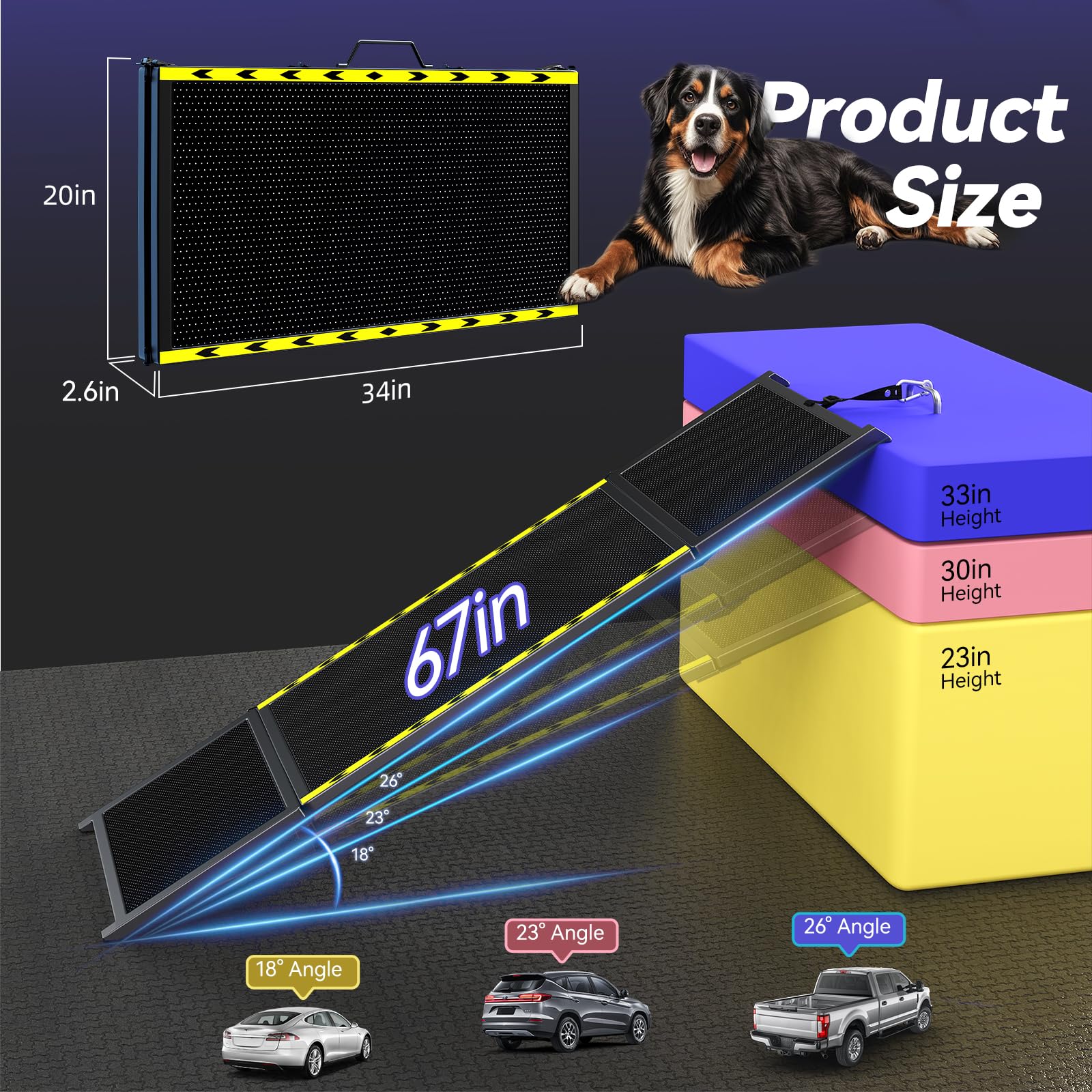 67''L & 20''W Dog Ramp for Car - Portable Extra Wide Pet Ramp for Medium & Large Dogs with Non-Slip Rug Surface, Dog Steps Stair for Car SUV/Truck/RV/High Bed, Up to 200LBS, Black
