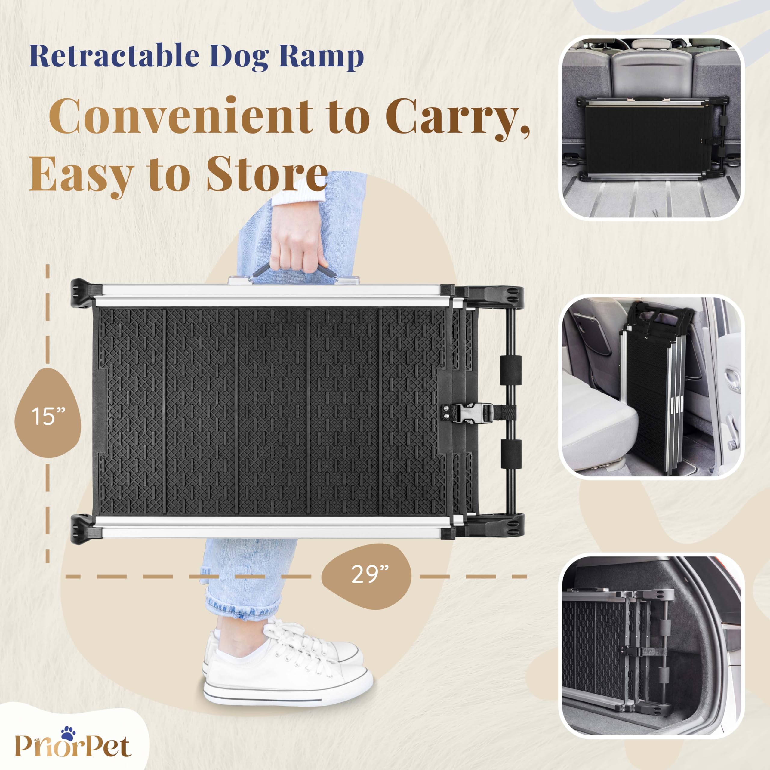 Dog Ramp for Car - Anti-Slip Dog Car Ramp for Large Dogs SUV - Stable 250LBS Capacity - Telescoping Pet Ramp for Car - Portable - Night Safety Reflective Sides - Fixing Clip - Black