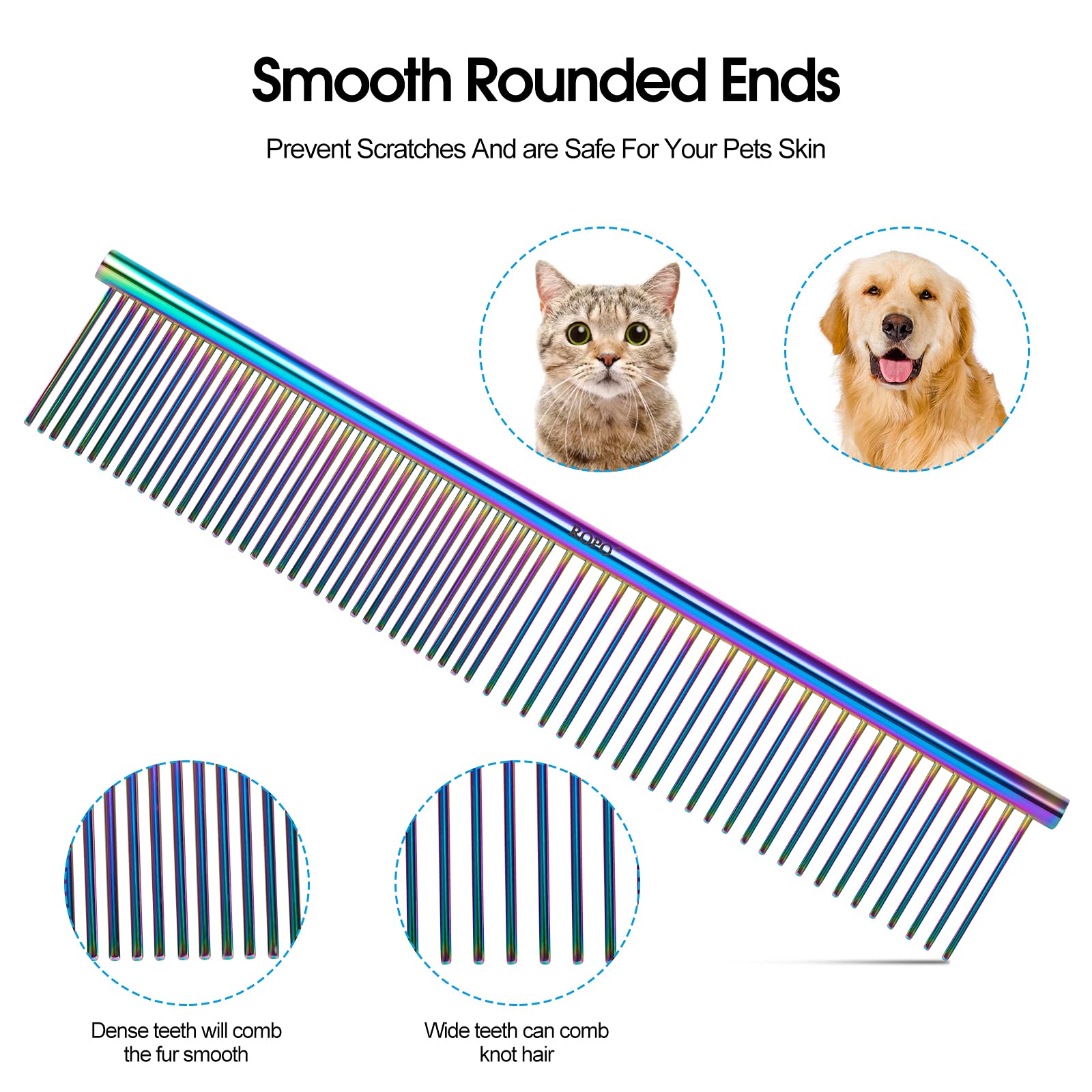 ROPO Dog Comb for Removing Matted Fur - Pet Dematting Comb with Rounded Teeth and Non-Slip Grip Handle - Prevents Knots and Mats for Long and Short Haired Pets (Round handle, Bright Silver)