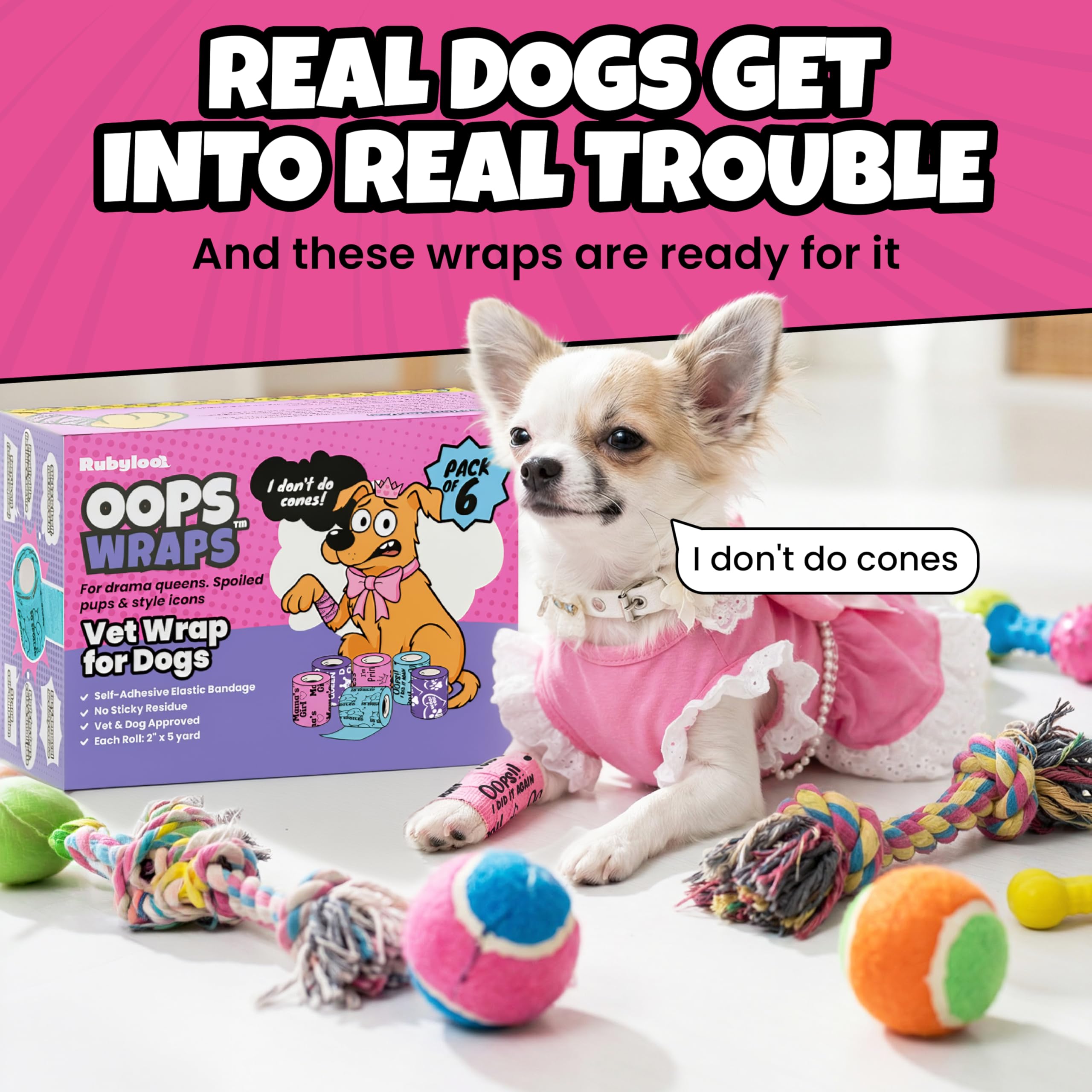 Vet Wrap for Dogs – Funny Dog Bandage for Wounds – Girls 6 Pack 2" Self-Adhesive Vet Tape – Breathable Pet Wrap Bandage for Hot Spots & Injuries – Dog First Aid Kit Supplies – Oops Wraps by Rubyloo