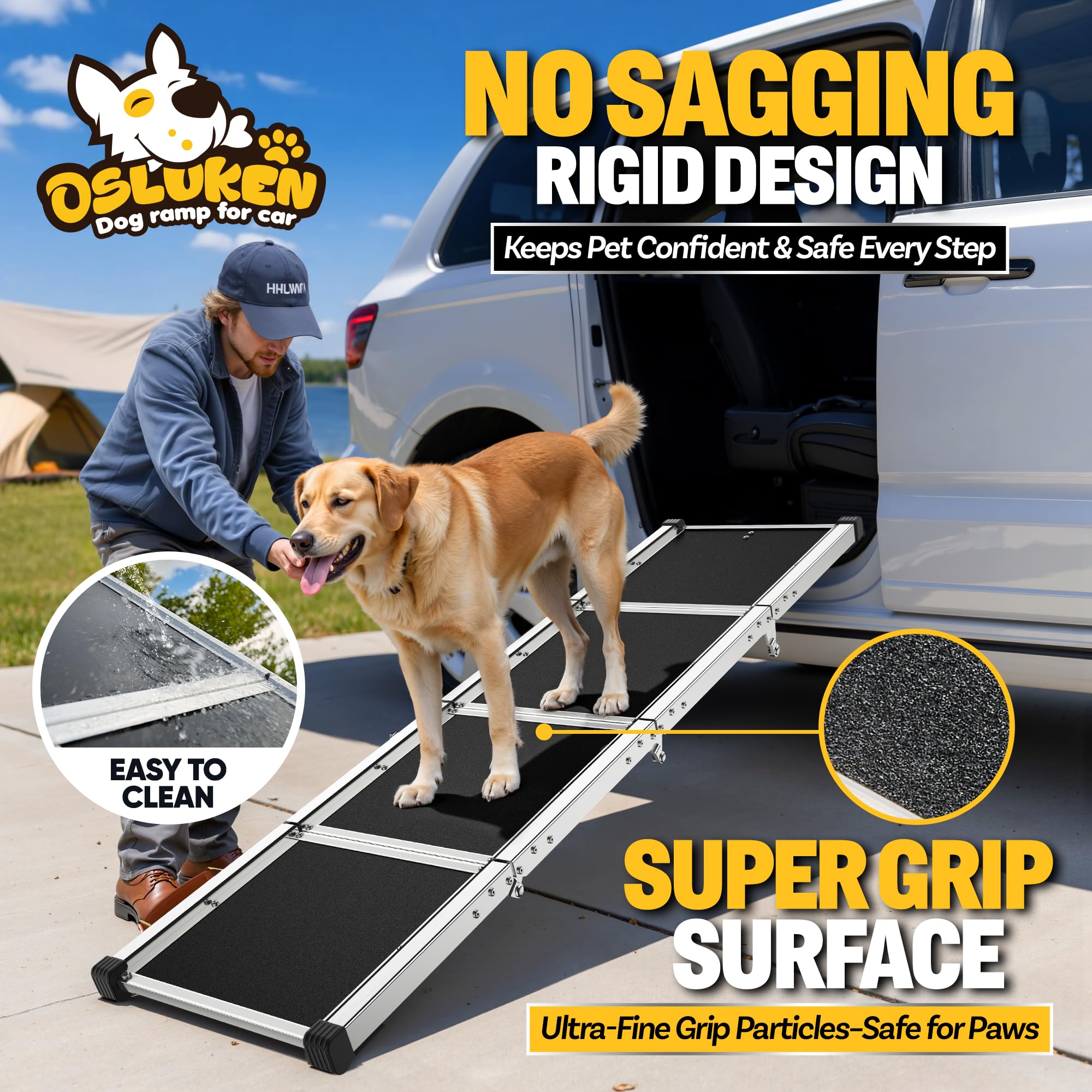 71" Aluminum Alloy Dog Ramp for Car SUV Truck Side Door, Foldable Outdoor Pet Ramp with Heavy Duty Steel Hinges, Non-Slip Traction Surface, Sturdy Ramp for Large Dogs Up to 200 LBS