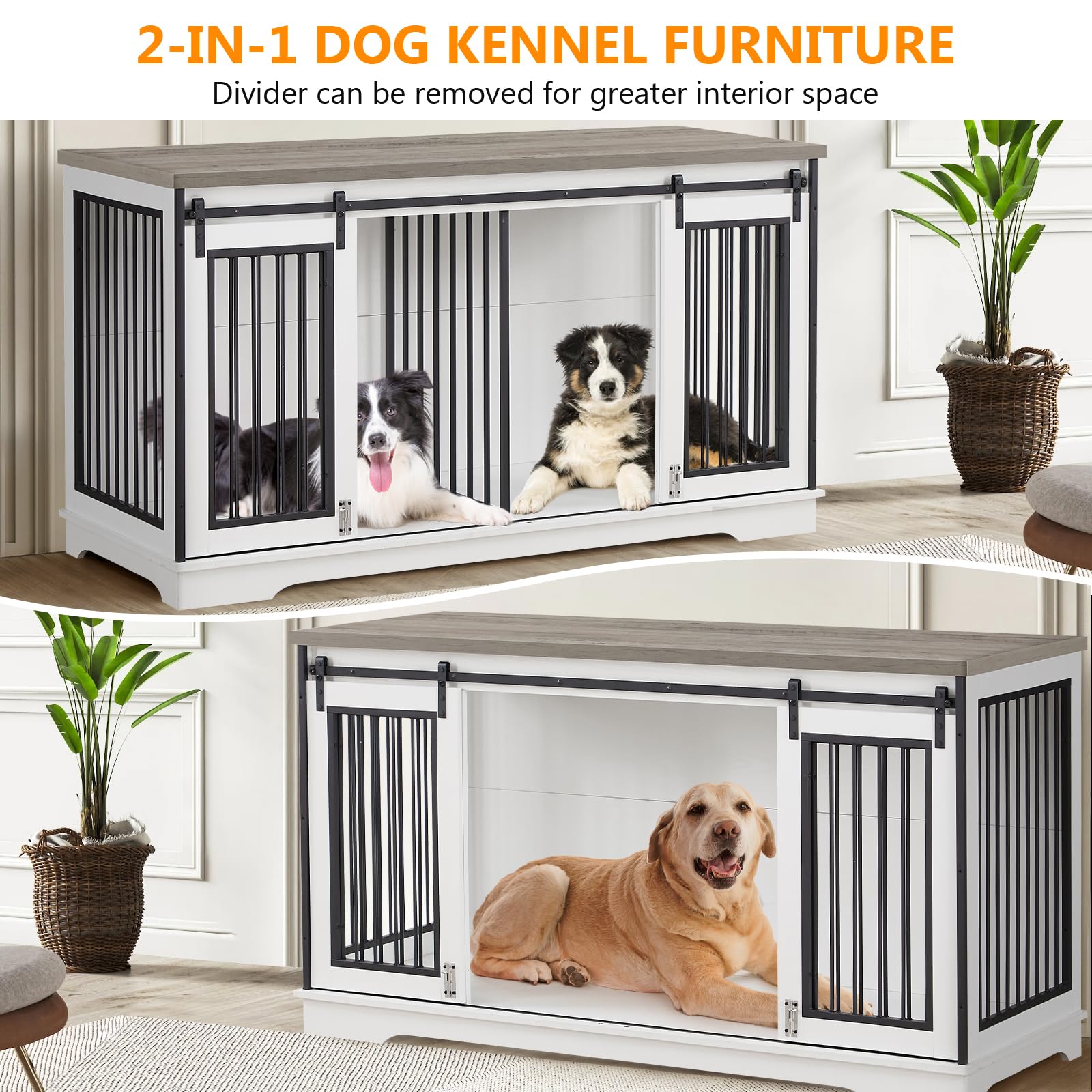 Yafylly 60.6 Inch Double Dog Crate with Divider, 2-in-1 Heavy Duty Dog Crate TV Stand with 2 Sliding Doors and Thick Iron, Indoor Dog House for 2 Dogs (White)