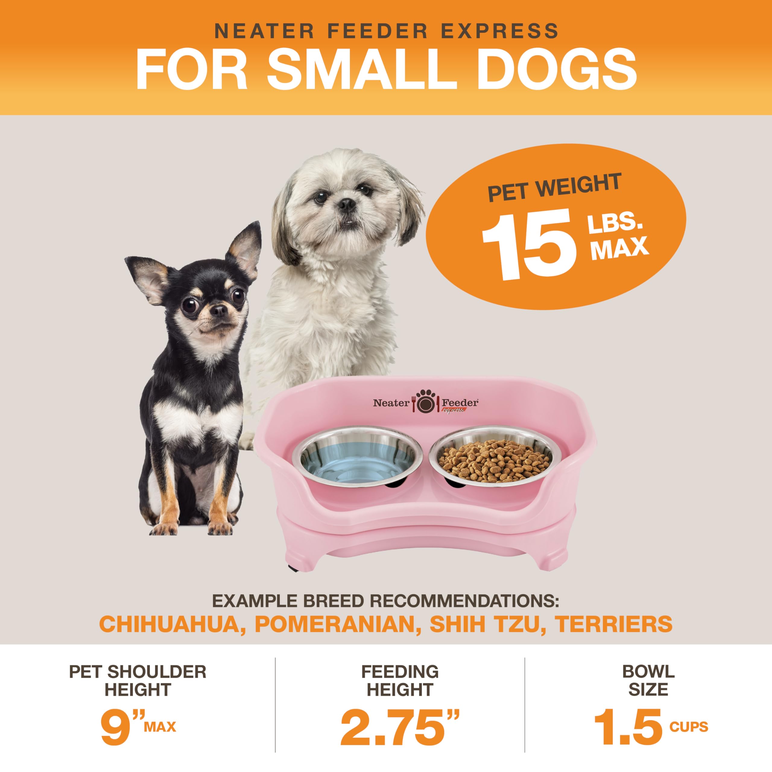 Neater Feeder Express Mess Proof Dog Bowls Elevated for Small Breeds Under 15 Lb, Made in USA, No Spill Raised Dog Food Bowl Stand, Stainless Steel Food and Water Bowl Set, Feeding Station, Pink