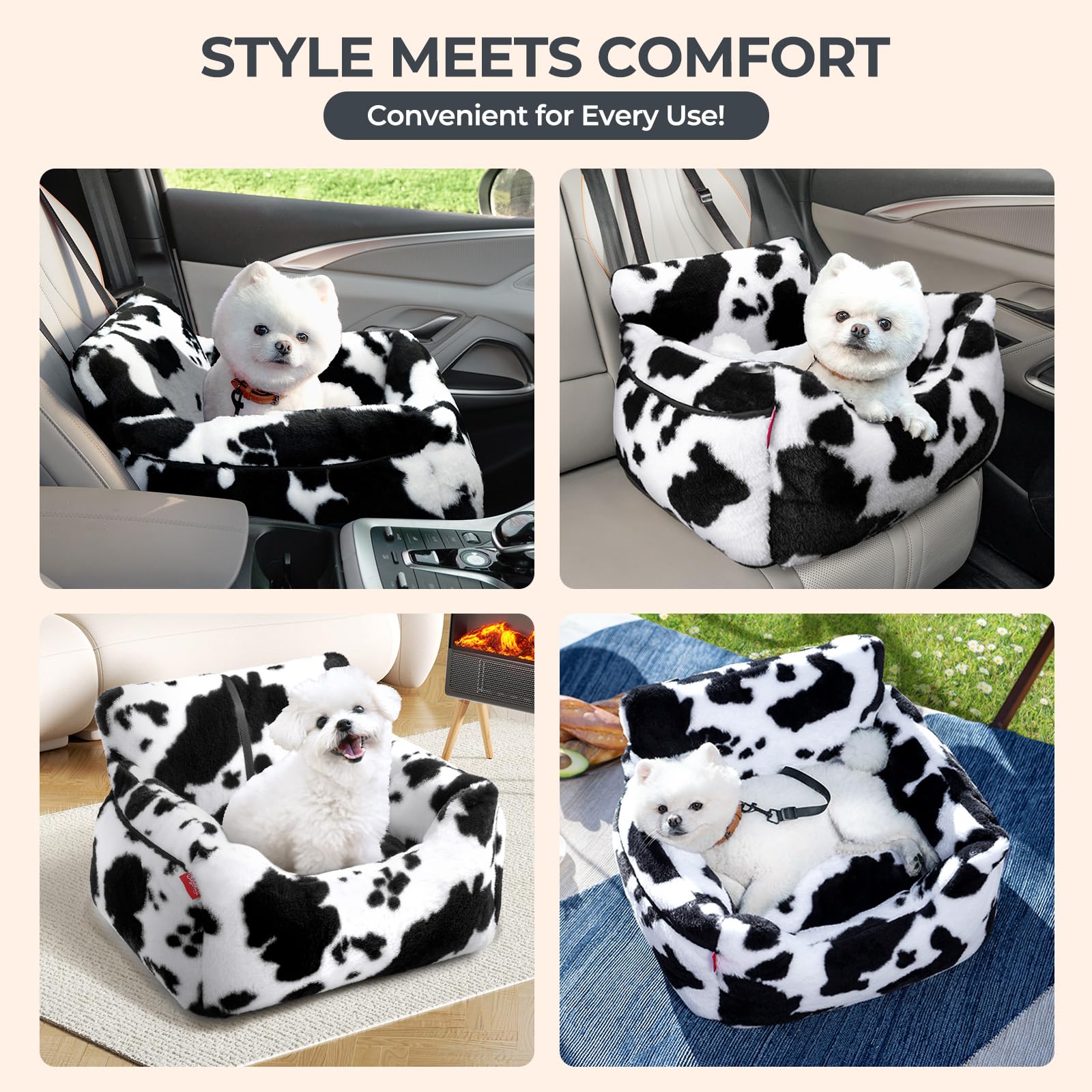 BurgeonNest Dog Car Seat for Small Dogs, Detachable and Washable Cat Carseats Under 25 lbs, Soft Pet Booster Seats with Storage Pockets and Clip-On Leash Portable Car Travel Carrier Bed, Milk Cow