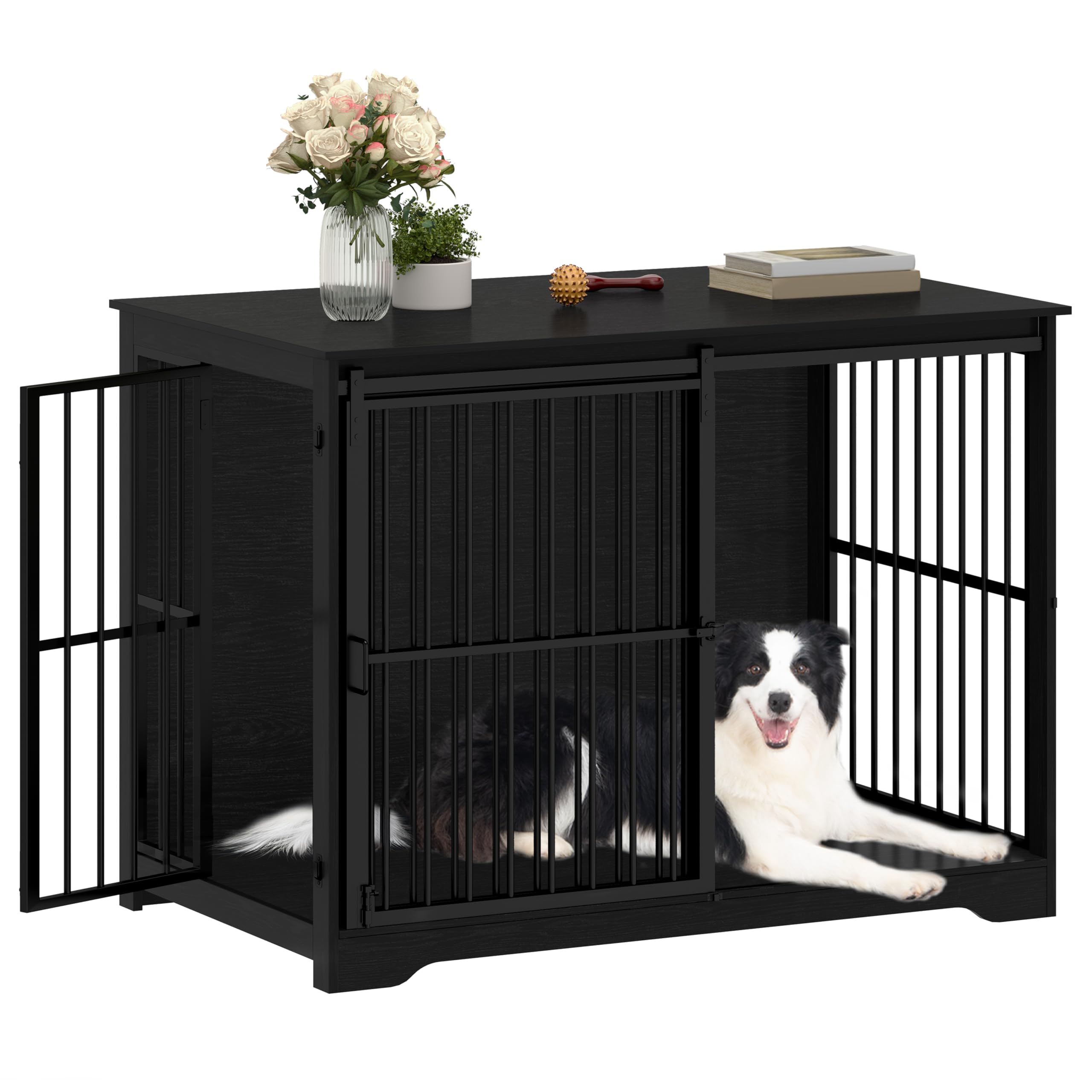 Hzuaneri XXL Large Dog Crate Furniture, 46.9" Indoor Dog Kennel Furniture with Barn Door, Wooden Tall Dog Crate, Heavy Duty Dog Cage for Large Dogs, Side End Table, Anti-Chew, Black DFC83804B