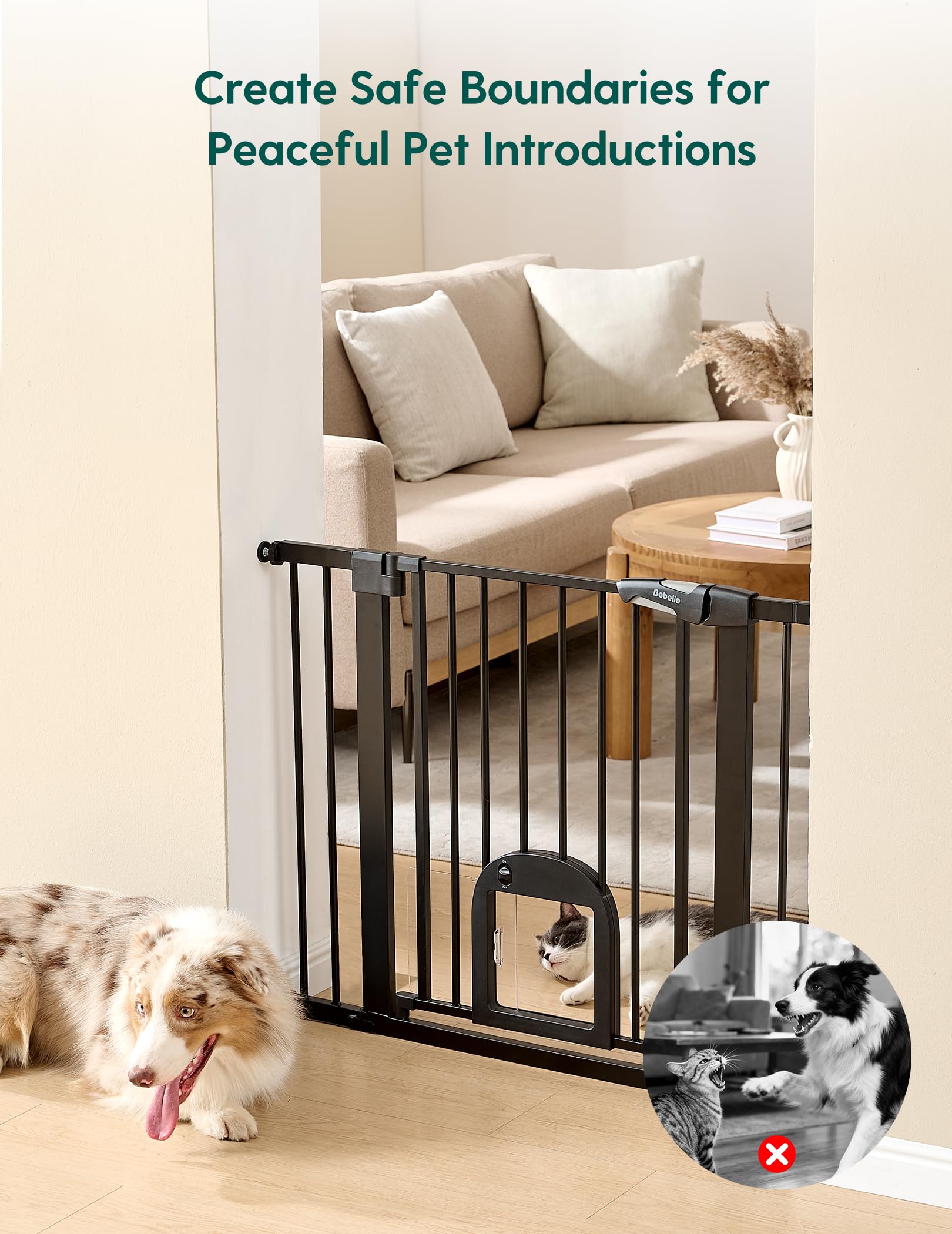 Babelio Upgraded Baby Gate with Cat Door, 29-43" Auto Close Durable Dog Gate for Stairs, Doorways and House, Easy Walk Thru Safety Gate with Pet Door Includes 4 Wall Cups, Black