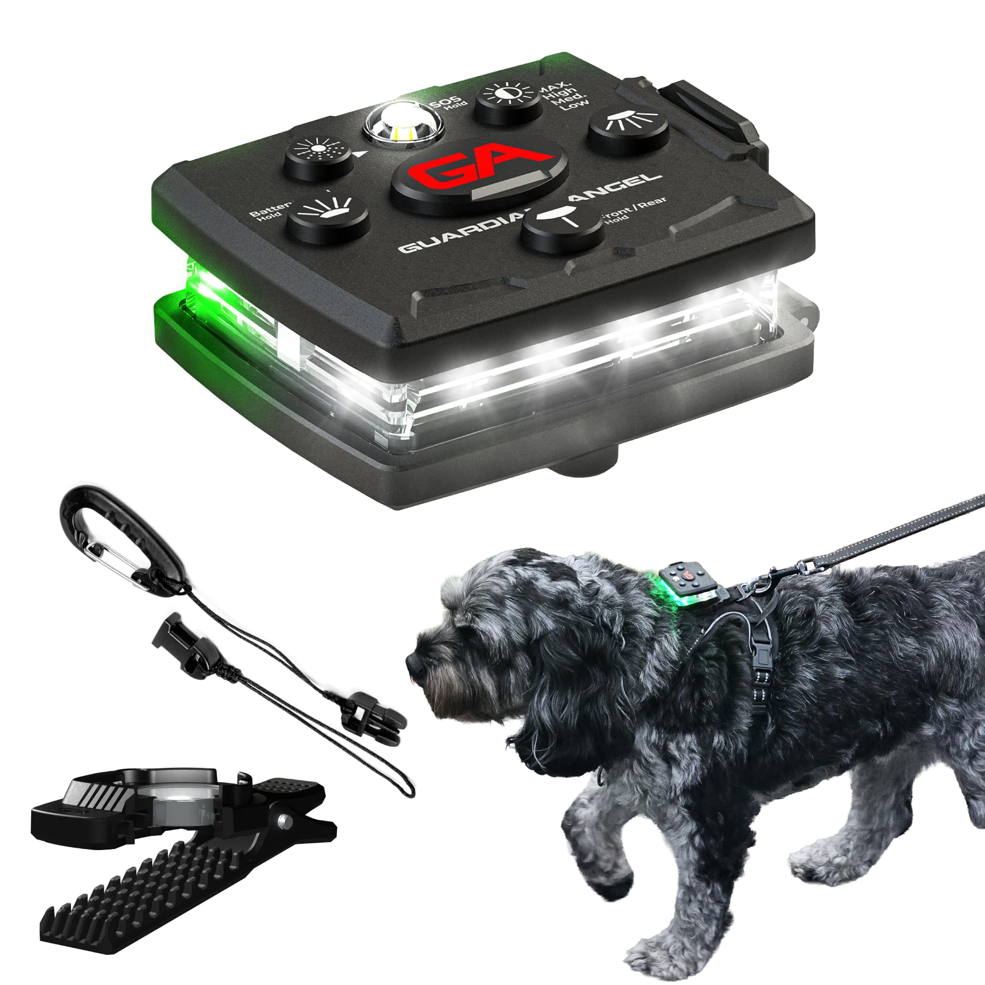Guardian Angel Dog Walking Safety Light – Micro Series (White/Green) – Ultra Bright LED, 3+ Mile Visibility – Attaches to Collar, Leash, or Harness – Includes Jaw Lock Mount & Tether