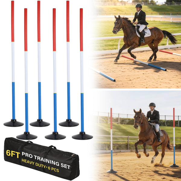 Neoaider 6 FT Pole Bending Poles for Horses 3-Color Combination High Visibility, 4/6 PC Agility Poles w/Rubber Bases, Waterproof Storage Bag, Ideal for Equestrian, Soccer, Football, Pet Training