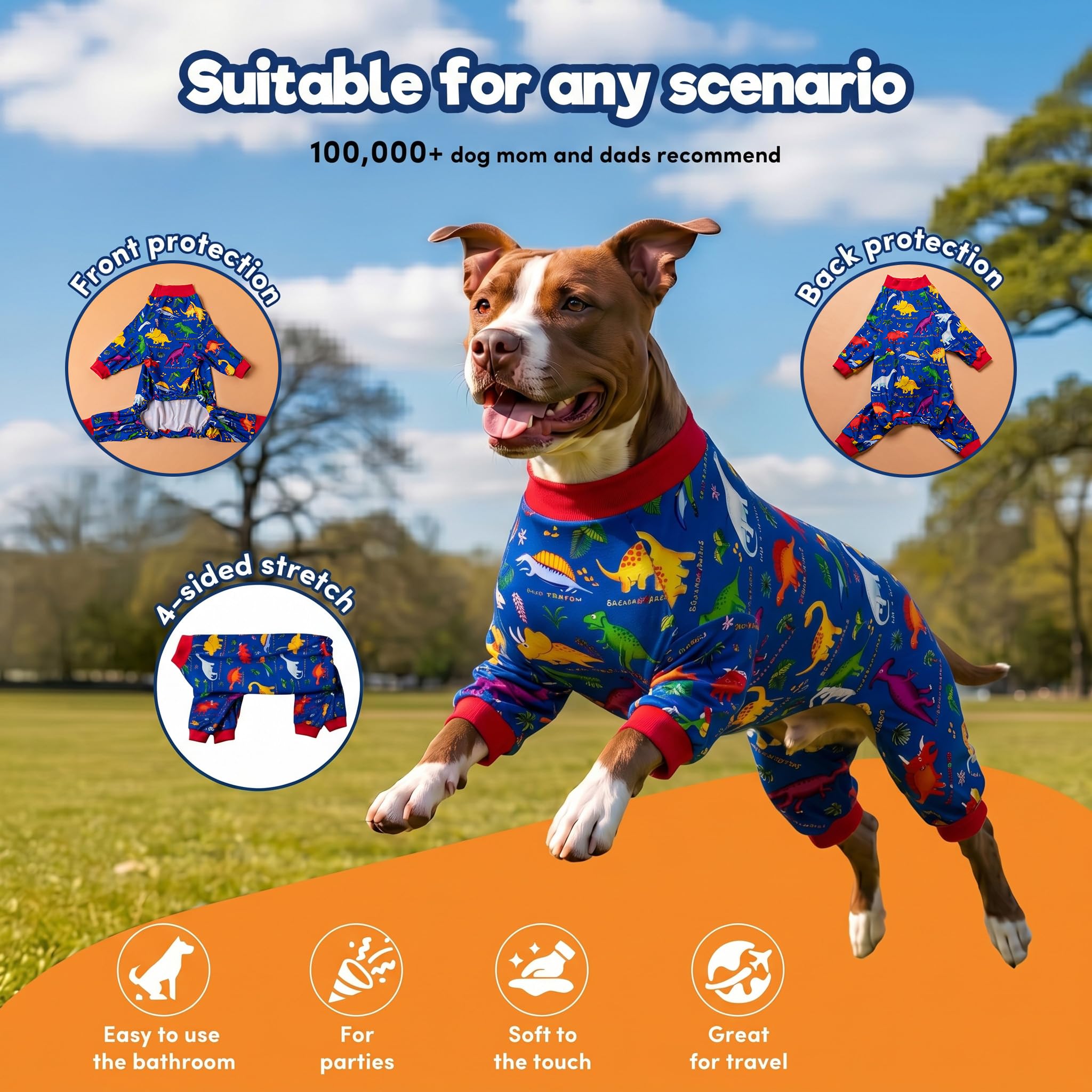LovinPet Dog Pajamas for Large Dogs, Wound Care, Post Surgery Dog Clothes, Lost World Dinosaurs Print, UV Protection, Pet Anxiety Relief, Large Dog Onesies, Pet PJ's, XL