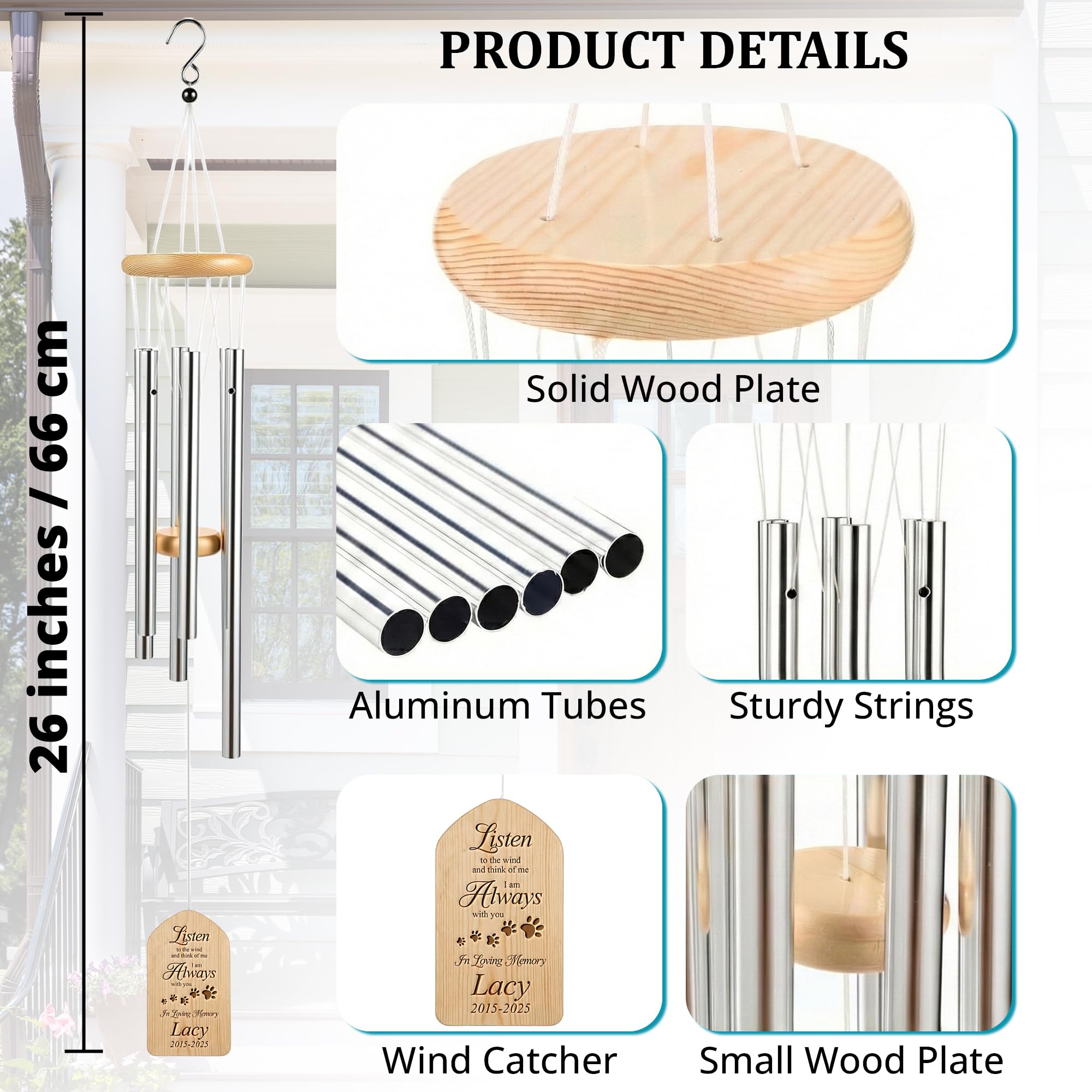 Pet Memorial Wind Chimes - Dog Bereavement Gifts for Loss of Pet - 26” Personalized Memorial Windchime - Sympathy Present for Pet Loss - Dog Remembrance Gift - Light Wood Custom Wind Catcher