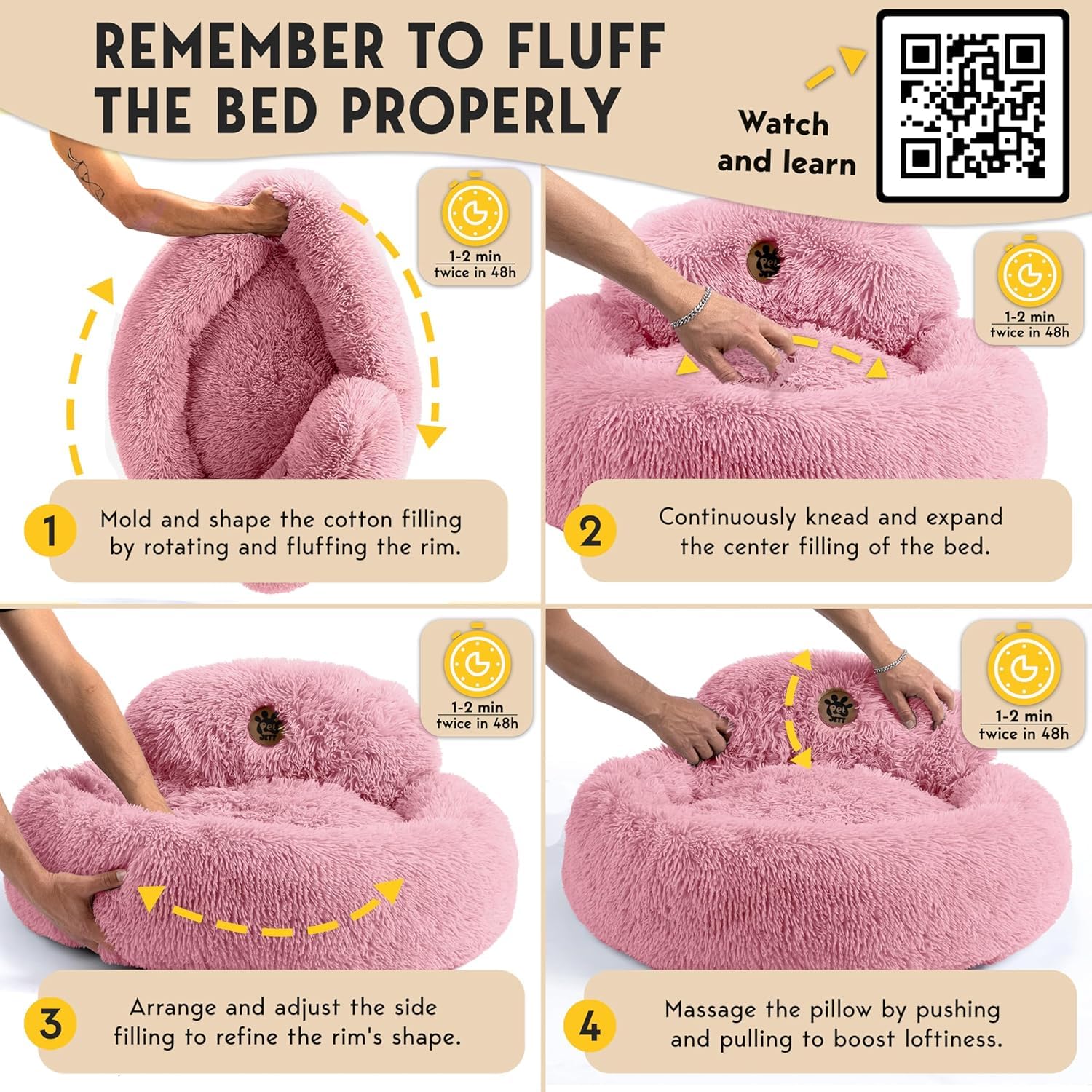 PetJett Large Dog Bed - 36'' Calming Donut Dog Beds, Anti-Slip & Washable Large Round Bed, Fluffy Faux Fur Pet Bed, Super Soft Anti-Anxiety Premium Comfort Bed, Fits Dogs up to 80 lbs - Pink