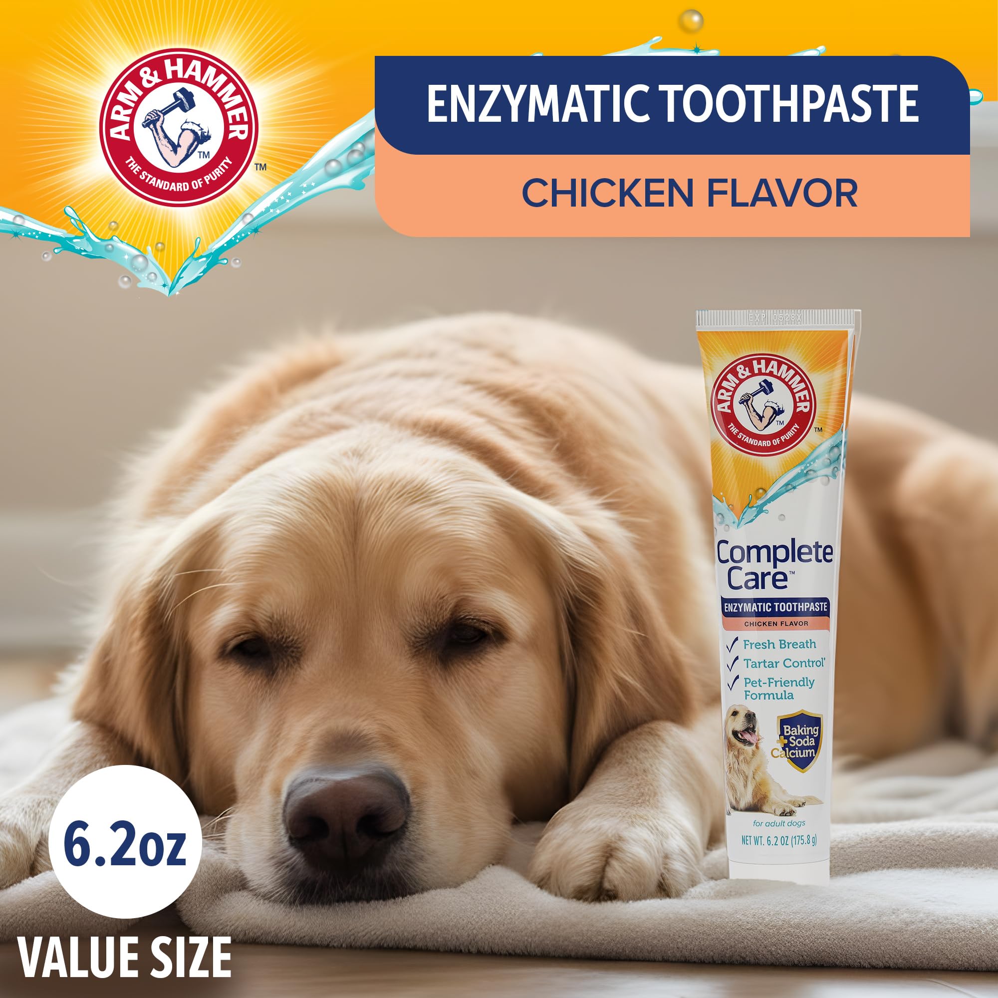 Arm & Hammer Complete Care Enzymatic Dog Toothpaste with Baking Soda and Calcium, Fluoride-Free Chicken Flavor for Plaque, Tartar, and Fresh Breath, 6.2 Oz Value Size