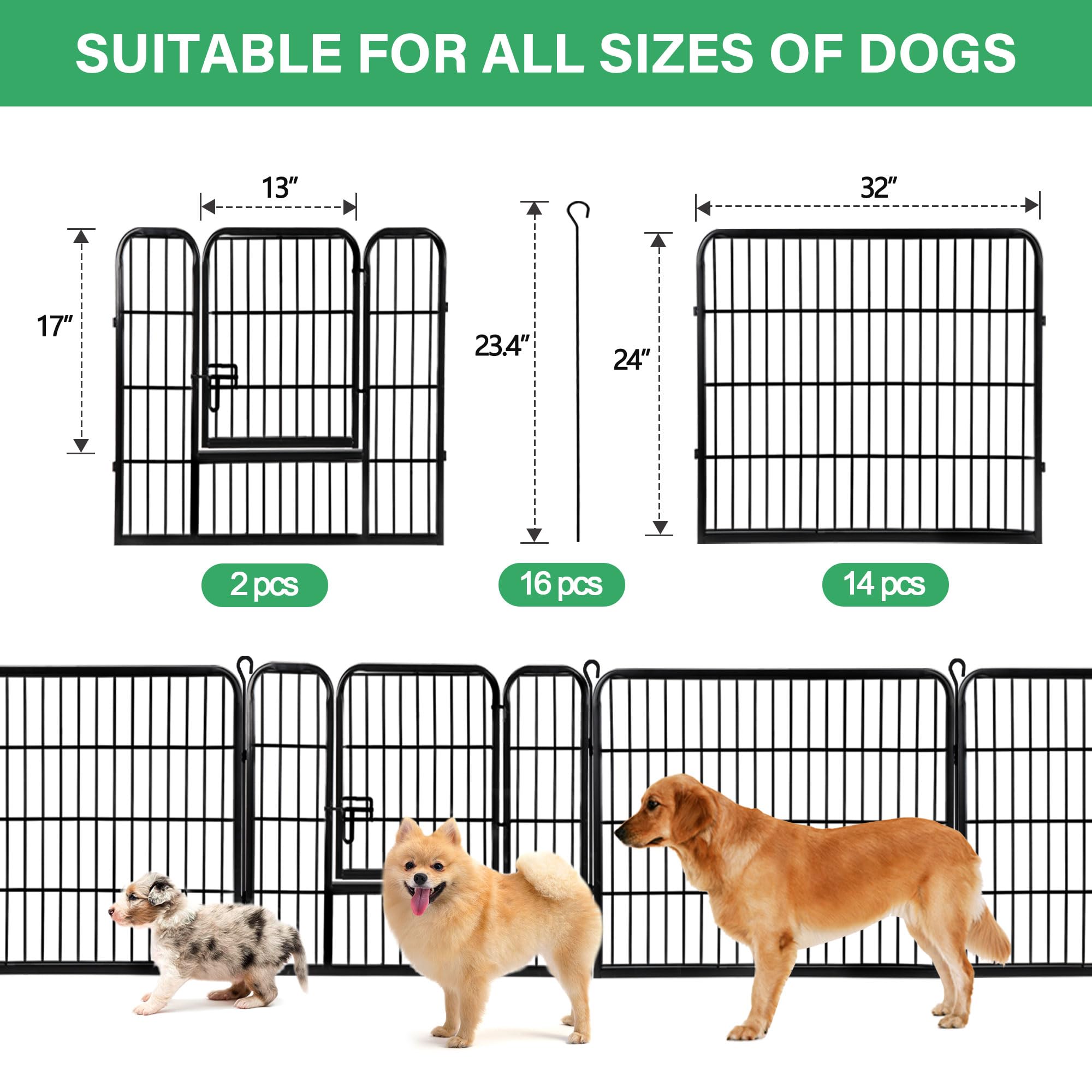 Dog Pen Pet Playpen Kennel Fence Outdoor Indoor Play Yard Puppy Exercise Barrier 31'' W x 24'' H 16 Panels (16 Panels, 24 Inches)