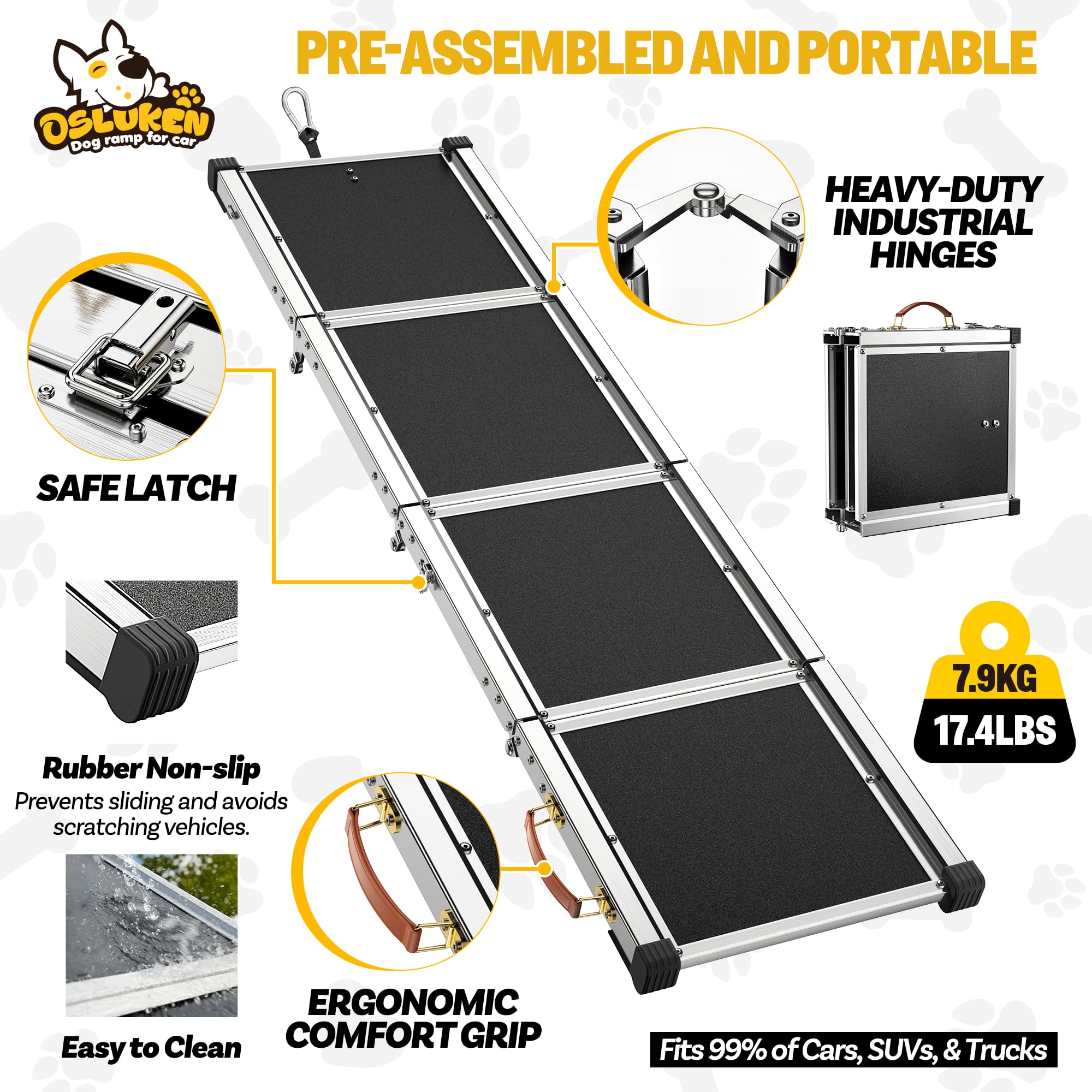 71" Aluminum Alloy Dog Ramp for Car SUV Truck Side Door, Foldable Outdoor Pet Ramp with Heavy Duty Steel Hinges, Non-Slip Traction Surface, Sturdy Ramp for Large Dogs Up to 200 LBS